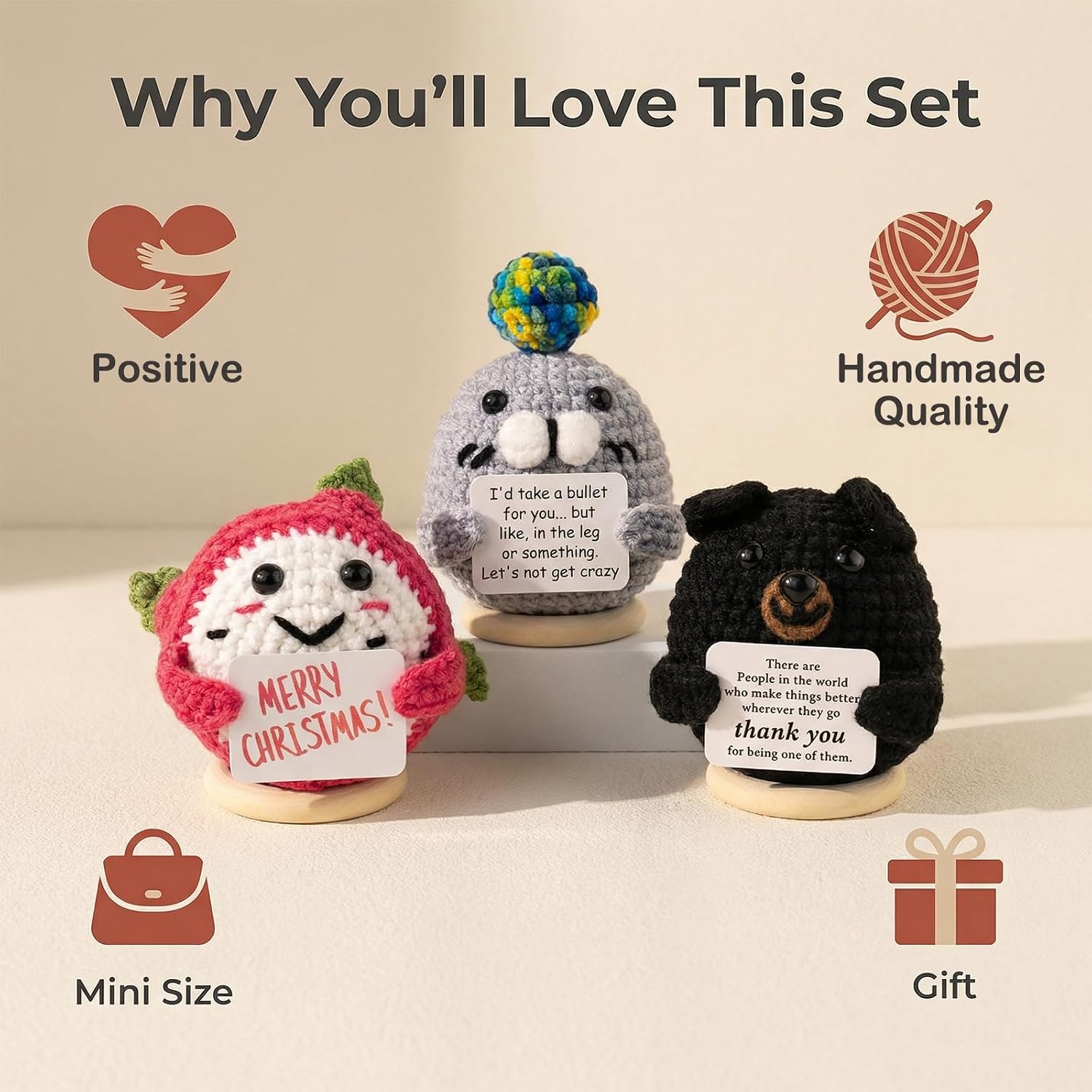 9Pcs Positive Crochet Mini Animals Fruit with 30 Swappable Cards Birthday Bulk Gifts for Coworkers Kids Adults Women Men Teens Handmade Staff Employee Appreciation Thank You Gift Small Cute