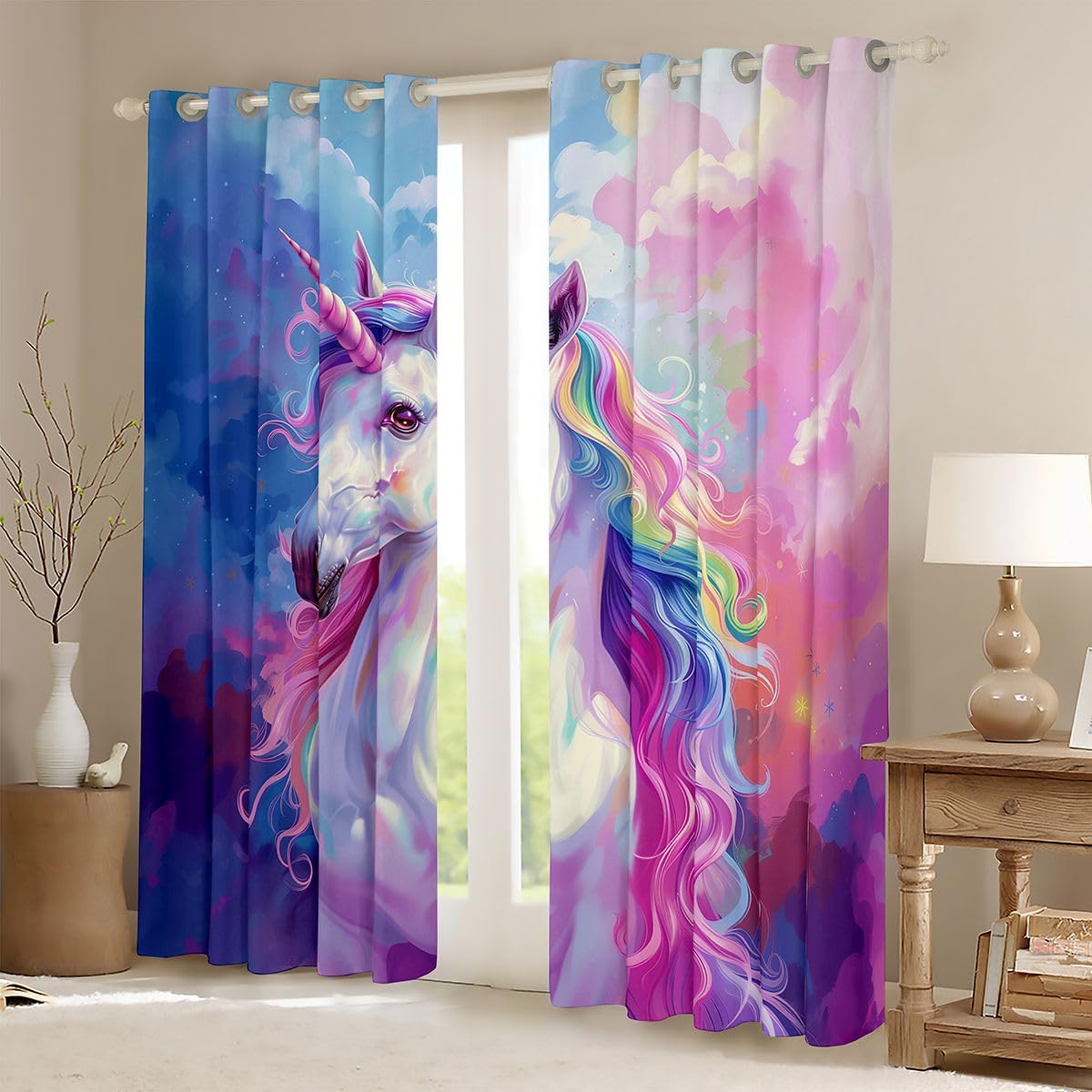 Manfei Lot de 2 rideaux de fenêtre à motif licorne mignonne, cheval, thème animal, décoration de chambre d'enfant, garçons et filles, rideaux à œillets pour chambre à coucher, 167 x 228 cm