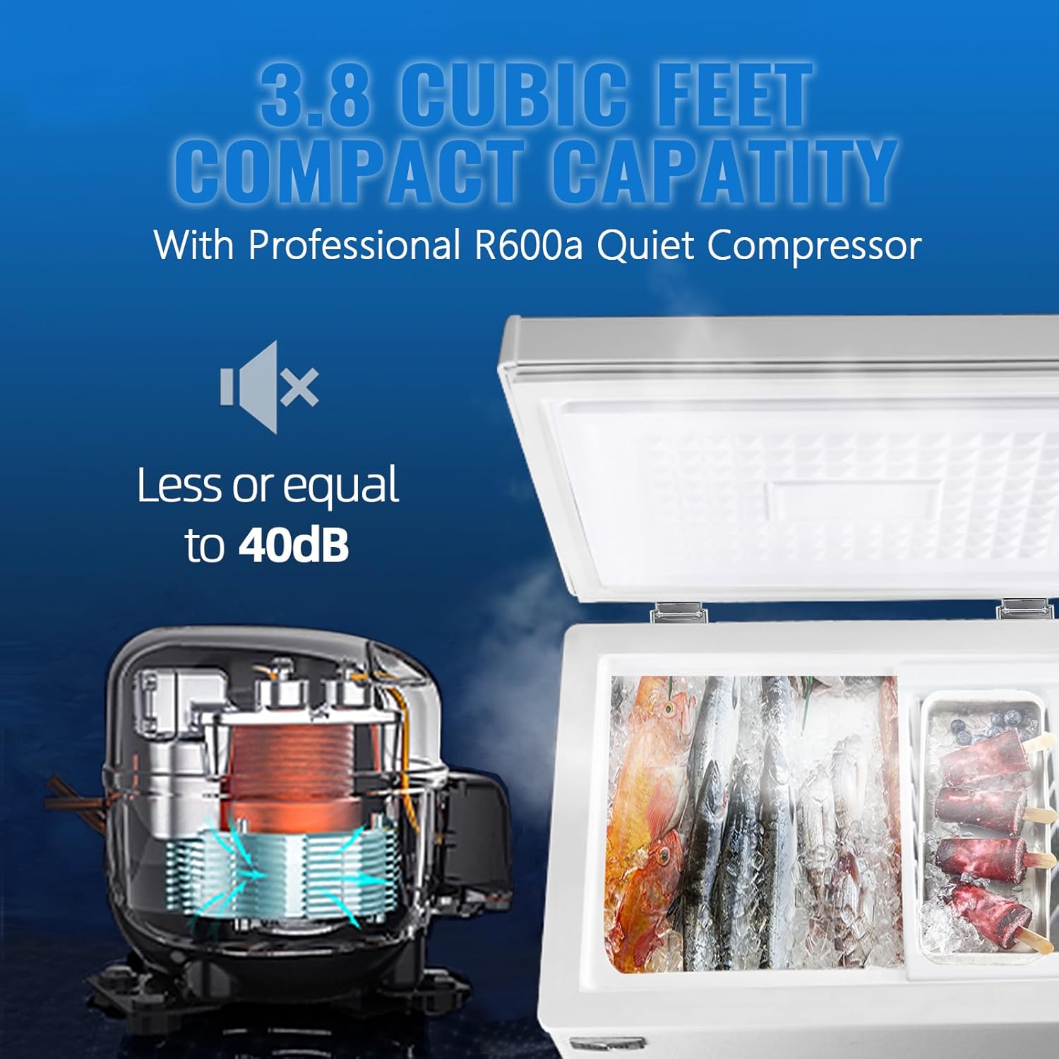 3.8 Cu. Ft Deep Freezer WANAI Chest Freezer Small Freezers with Storage Basket Top Open Door Mini Compact Freezer 7 Temperature Control for Home Garage Apartment Kitchen Office White