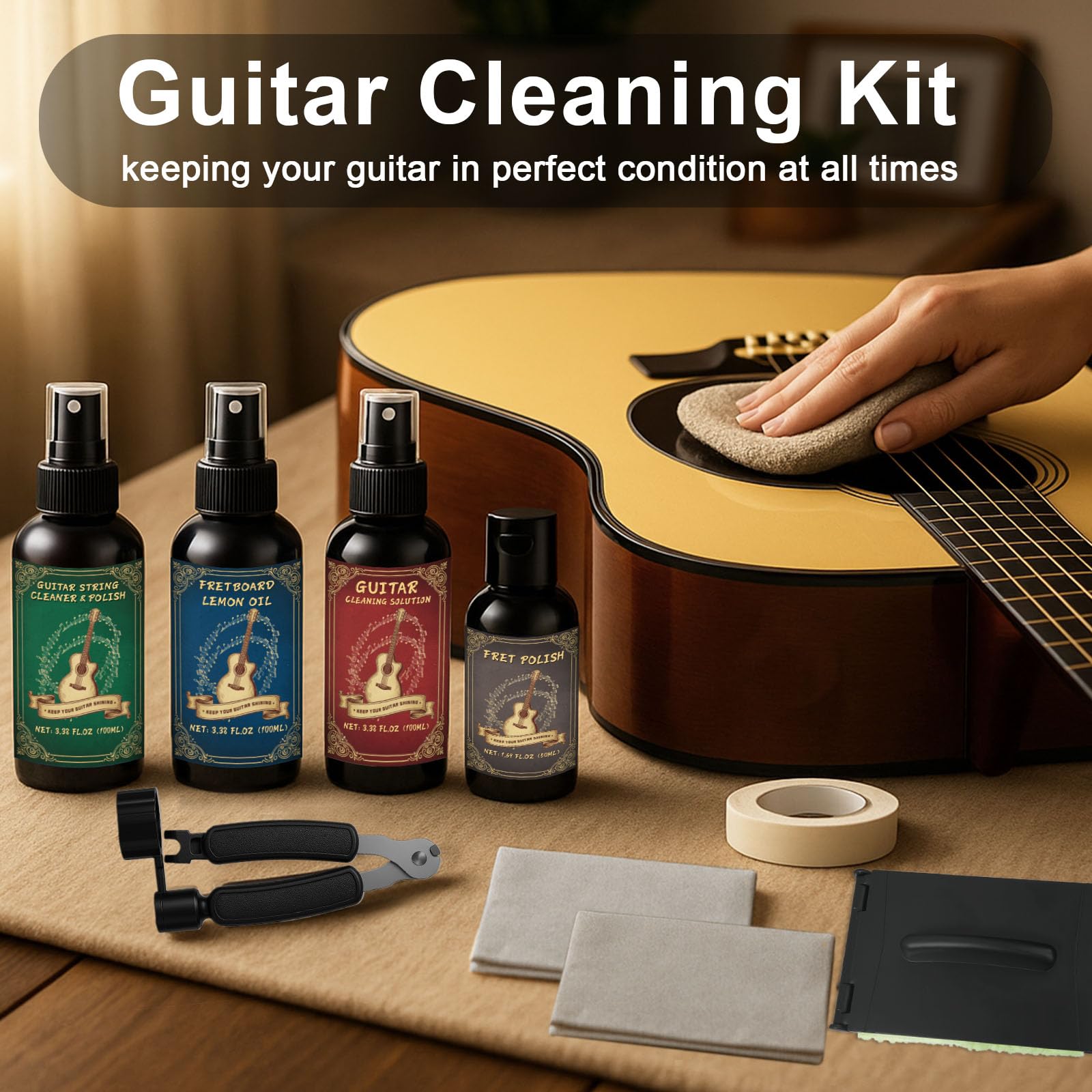 1DFAUL Set di pulizia per chitarra, 9 pezzi, con pulitore per chitarra, lucidante, olio per tastiera e corda, per tutti i tipi di chitarra, ideale per principianti, giocatori e collezionisti