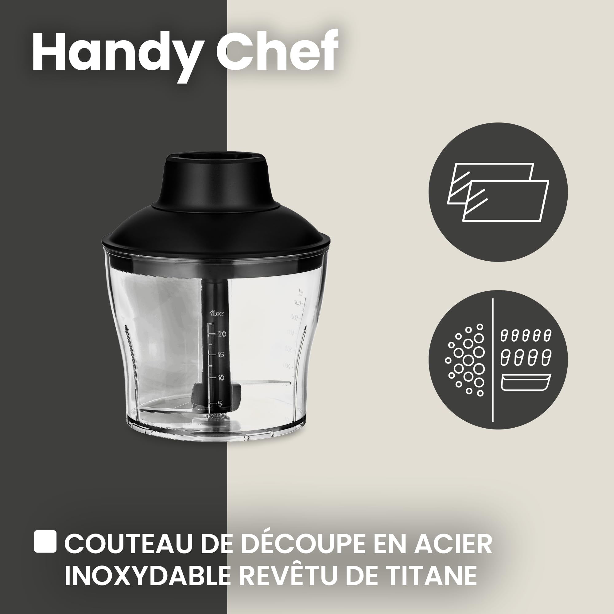 ZEEGMA Mixeur plongeant Handy Chef 5 en 1 multifonctionnel 1500 W, jeu de buses : mixeur, fouet, crochet, robot culinaire 0,6 l, récipient 0,8 l, mode turbo, contrôle de vitesse