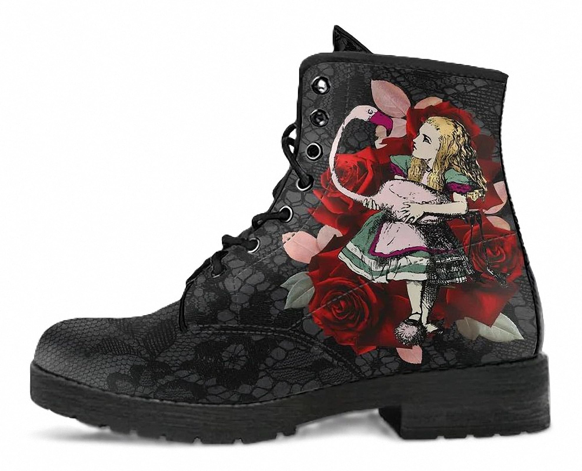 Womens Printed Ankle Boots with Butterfly Girl Rose Skull Flower Leather Lace-up Combat Booties Floral Shoes Stylish Casual