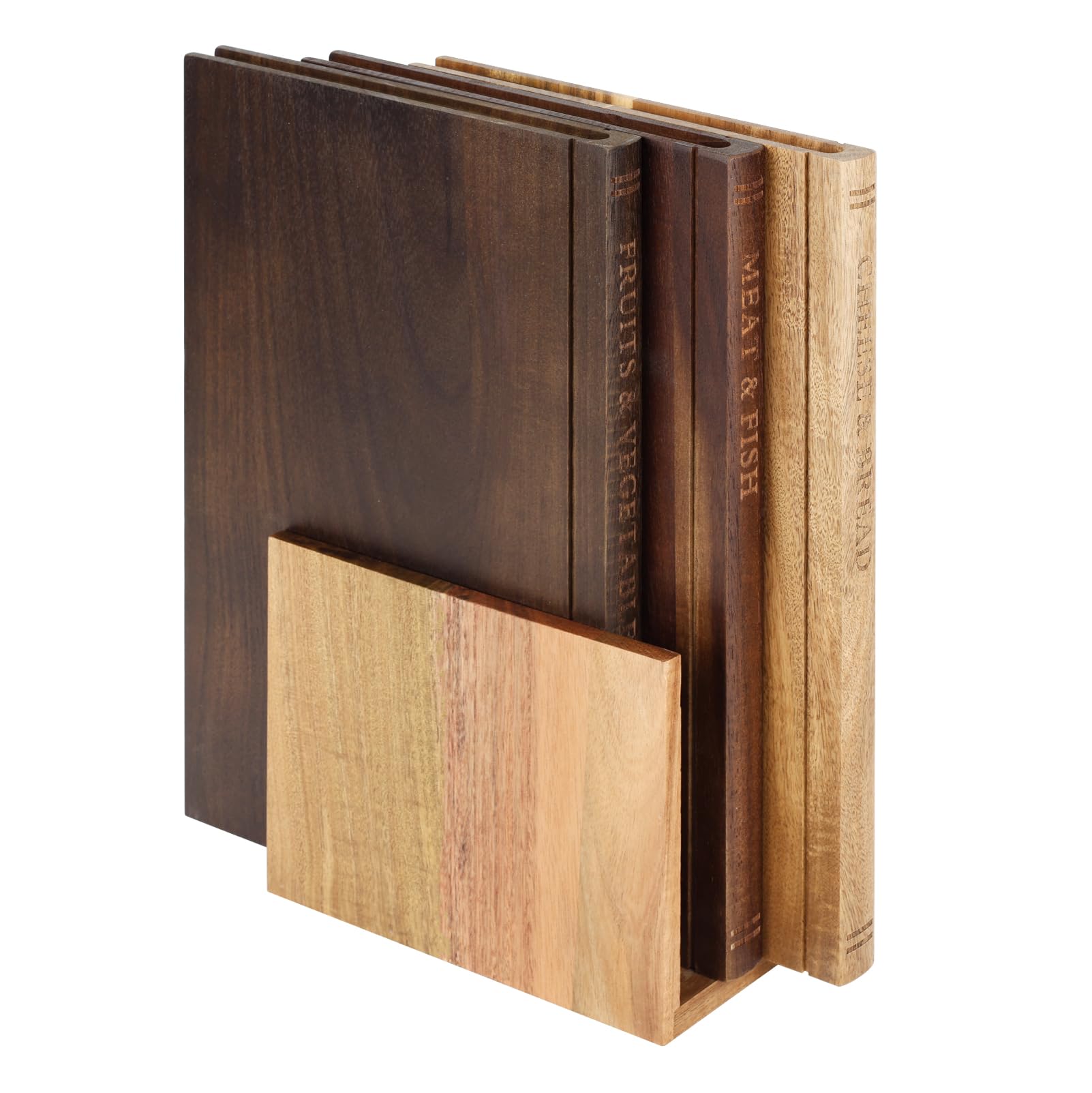 Schneidebrett 3er Set mit Ständer, Holzbrett Küche Buchdesign Küchenbretter, Rutschfest, Schmutzabweisend, Cutting Board für Käse, Brot, Gemüse, Langlebig und Praktisch