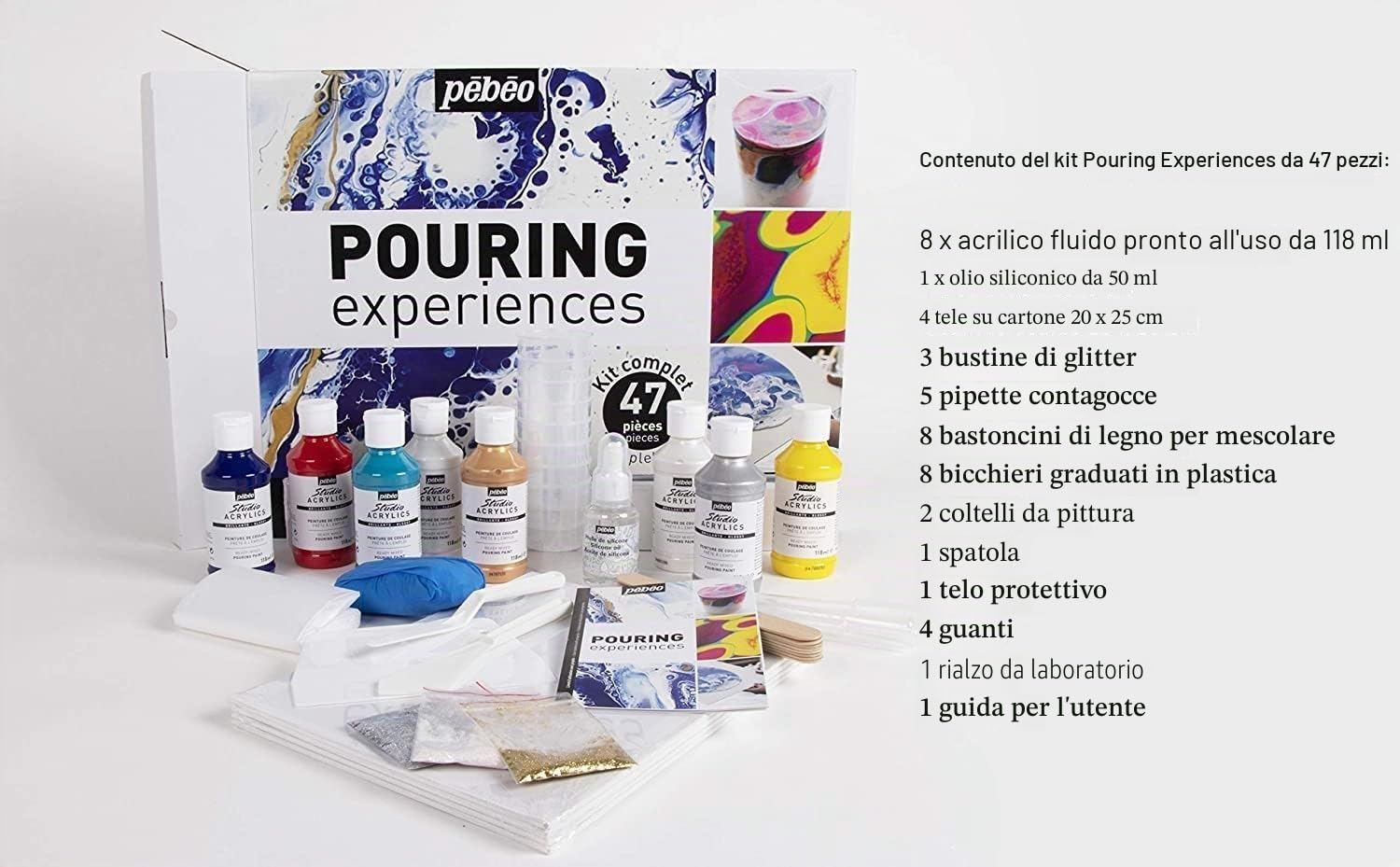 Pebeo Kit Pouring Experiences 47 Pezzi-Cofanetto Fluid Art Acrilici Premiscelati Pronti all’Uso-8 Flaconi 118ml Colori Assortiti, Olio Silicone 50ml, 4 Cartoni Telati, Materiali, Guida