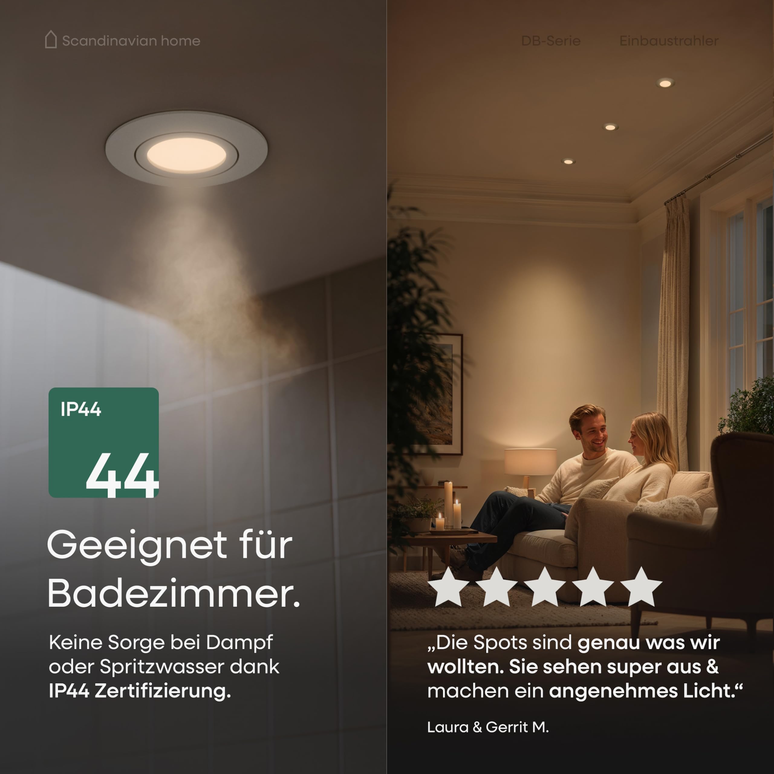 Scandinavian home 6er Set LED Einbaustrahler 230V Dimmbar - LED Spots 230V Warmweiß 3000K, 470 lm, CRI 90+, 68mm Lochmaß - IP44 Badezimmer Geeignet - Deckenspots Weiß-Matt, Schwenkbar