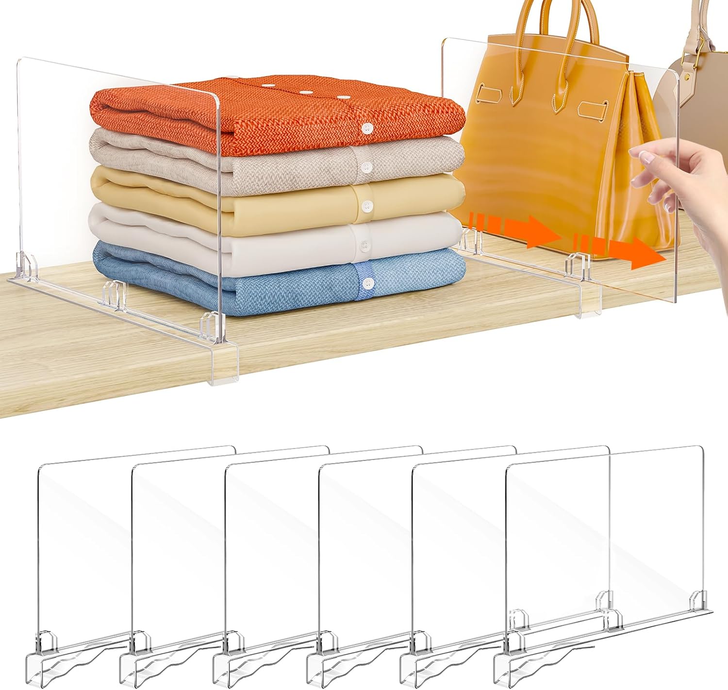 Fixwal 8 PCS Detachable Acrylic Shelf Dividers for Closet Organization Clear Shelf Divider for Closet Organizers and Vertical Purse Organizer for Closet, Bedroom, Kitchen, Office, Cabinets, Bathroom