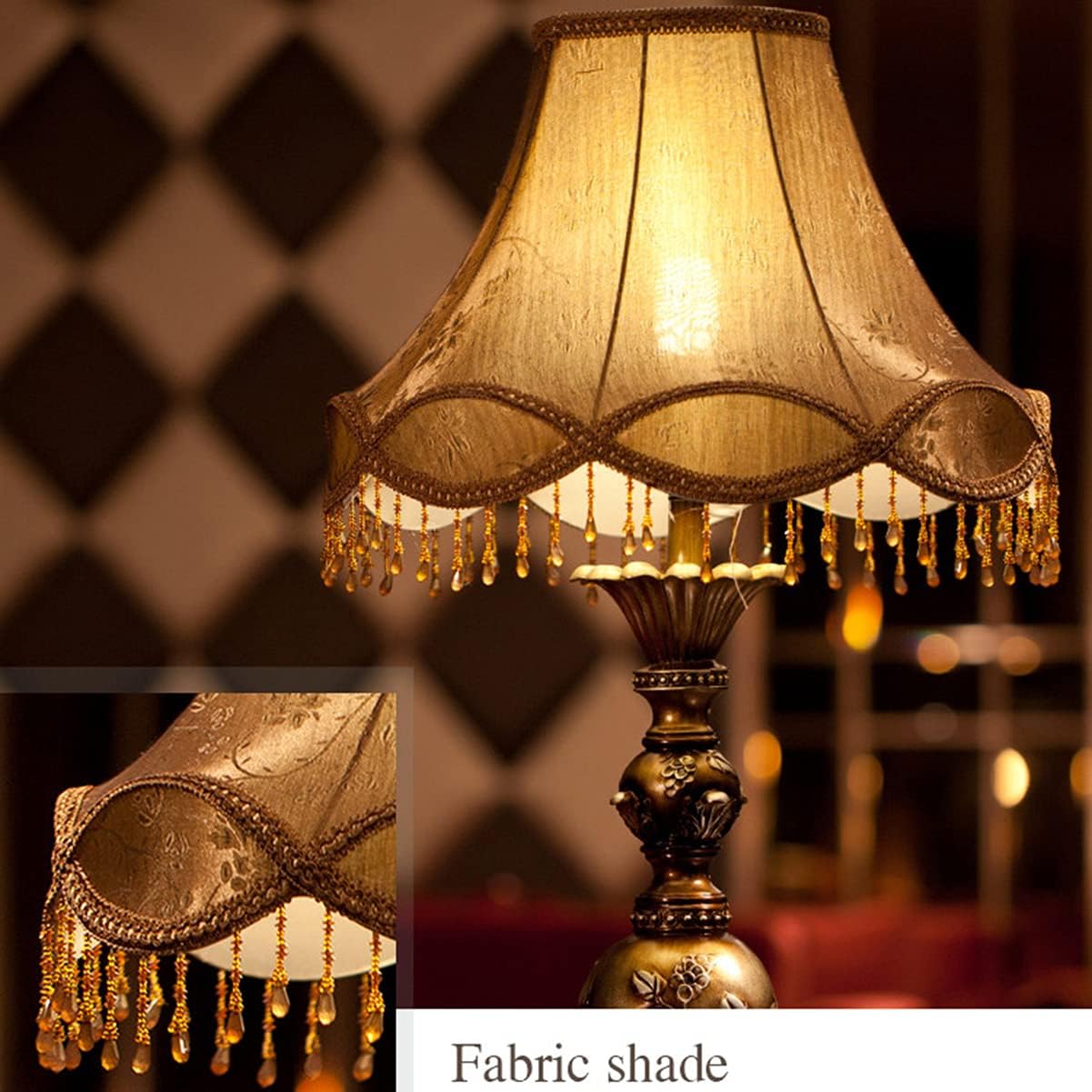 E27 Retro Table Lamp Bedside Resin Desk Light 21" European Romantic Warm Handmade Princess Lamp for Bedroom Living Room Office Study,Fabric Shade,Gold