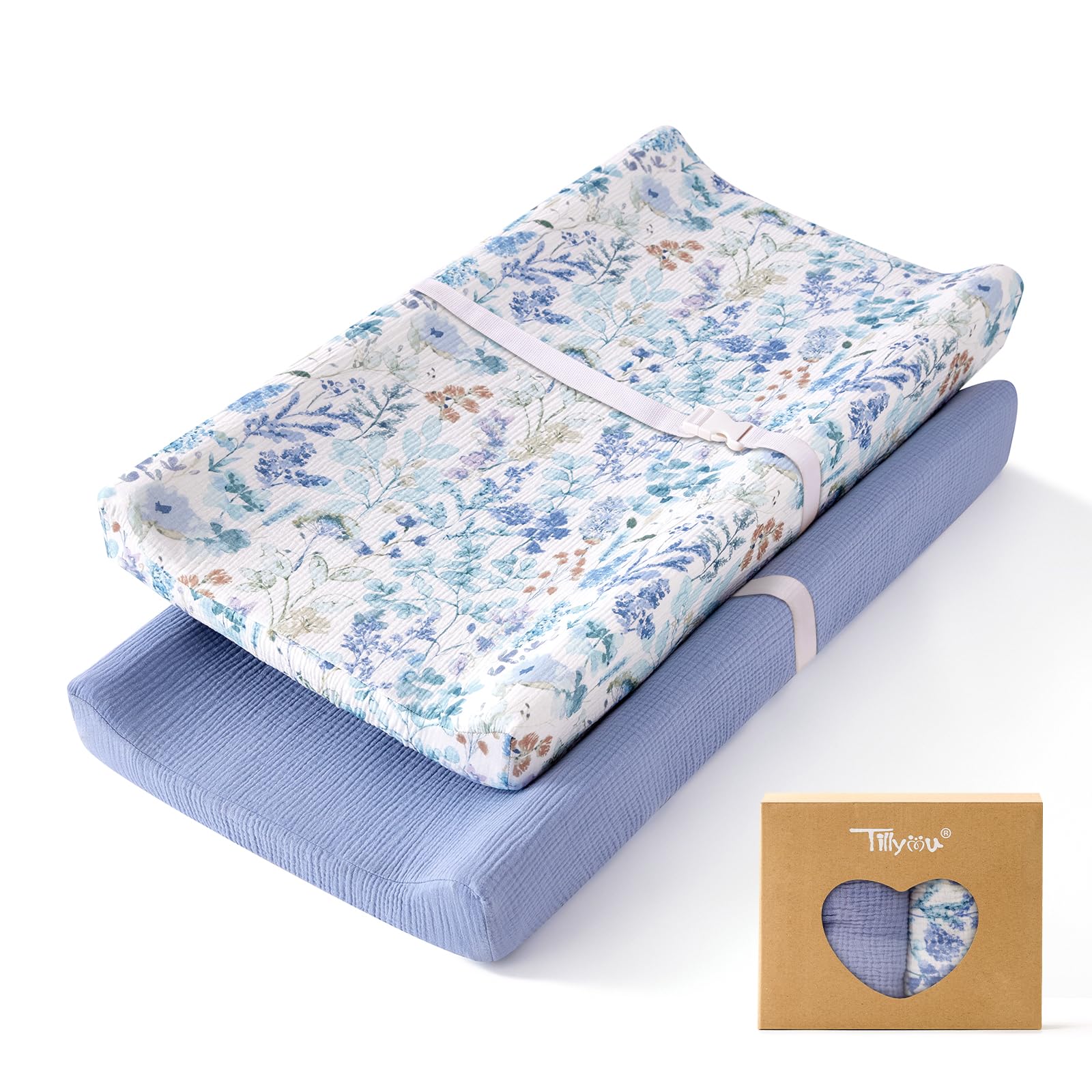 Photo 1 of TILLYOU Muslin Changing Pad Cover for Baby Girls Boys, Soft and Breathable Cotton Diaper Changing Table Cover, 2 Pack(Blue Flower)