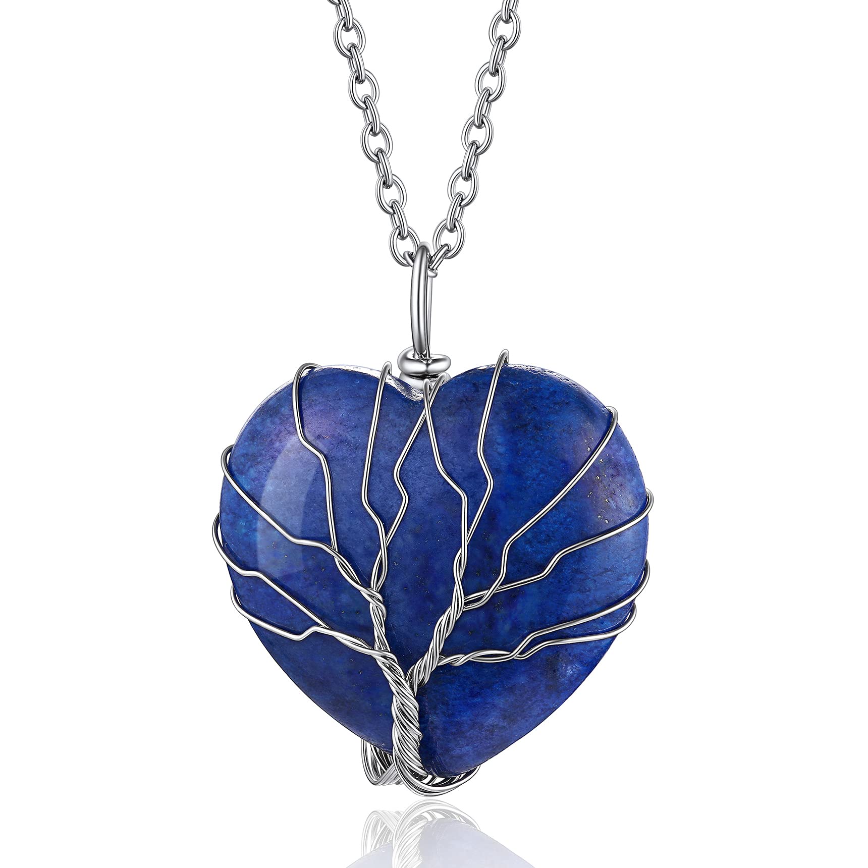 Bestyle Tree of Life Wrapped Healing Crystal Necklaces 12 Month Birthstone Pendant for Women, Crescent/Heart Gemstone Jewelry, Vintage Birthday Gifts/Energy Gift