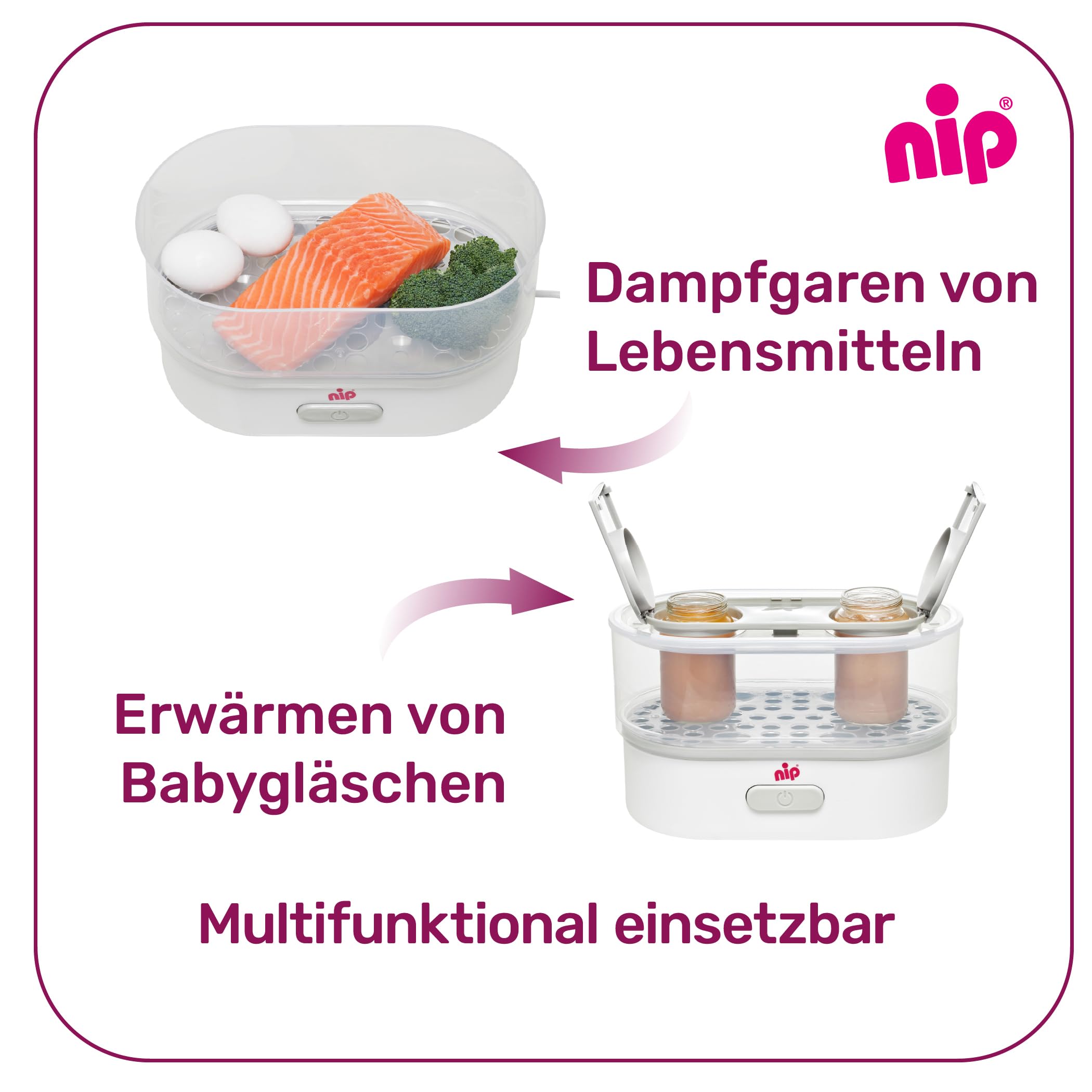 NIP Sterilisator Babyflaschen: Vaporisator für bis zu 6 Flaschen, Schnuller + Zubehör, Schnelle und sichere Dampfsterilisation in nur 9 Minuten, mit Abschaltautomatik, Weiß