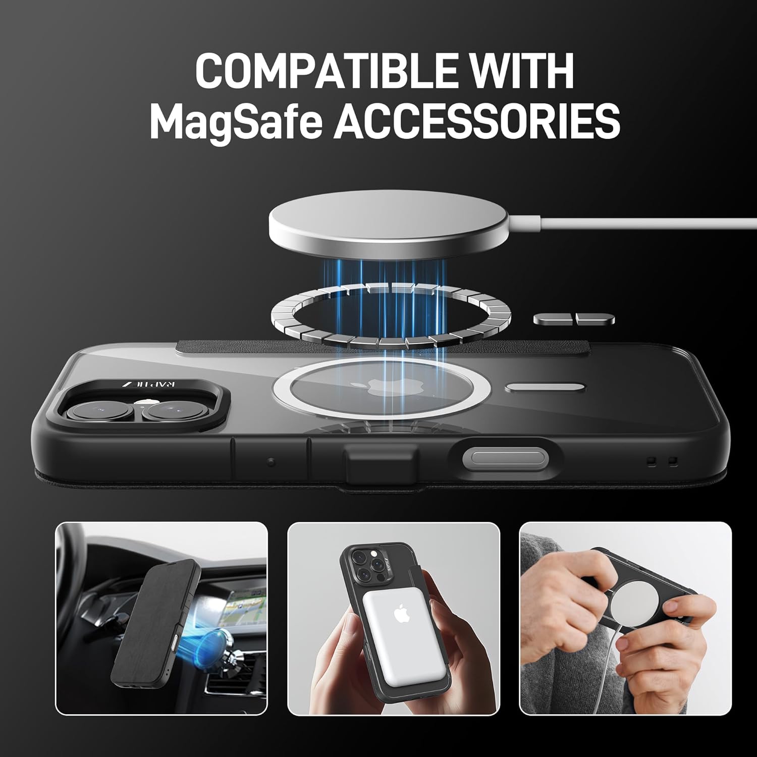 RAPTIC Urban Folio Wallet Case for iPhone 16 Pro Max, Compatible with MagSafe, 2 Card Wallet Holder, Flip Cover, Wireless Charging Compatible, Military Grade 13ft Drop Tested, 6.9 inch, Black