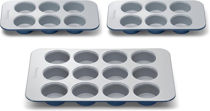 Caraway Nonstick Ceramic Muffin Pan Set - 2x 6 Cup & 1x 12 Cup Non-Toxic, PTFE & PFOA Free Aluminized Steel Core For Baking Cupcakes, Muffins & More - Navy