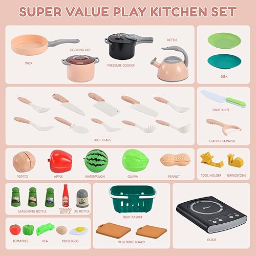 Miniatura 6 de Juego de 42 piezas de accesorios de cocina para niños, juego de cocina para niños pequeños de 4 a 8 años, juego de alimentos para niños con ollas,