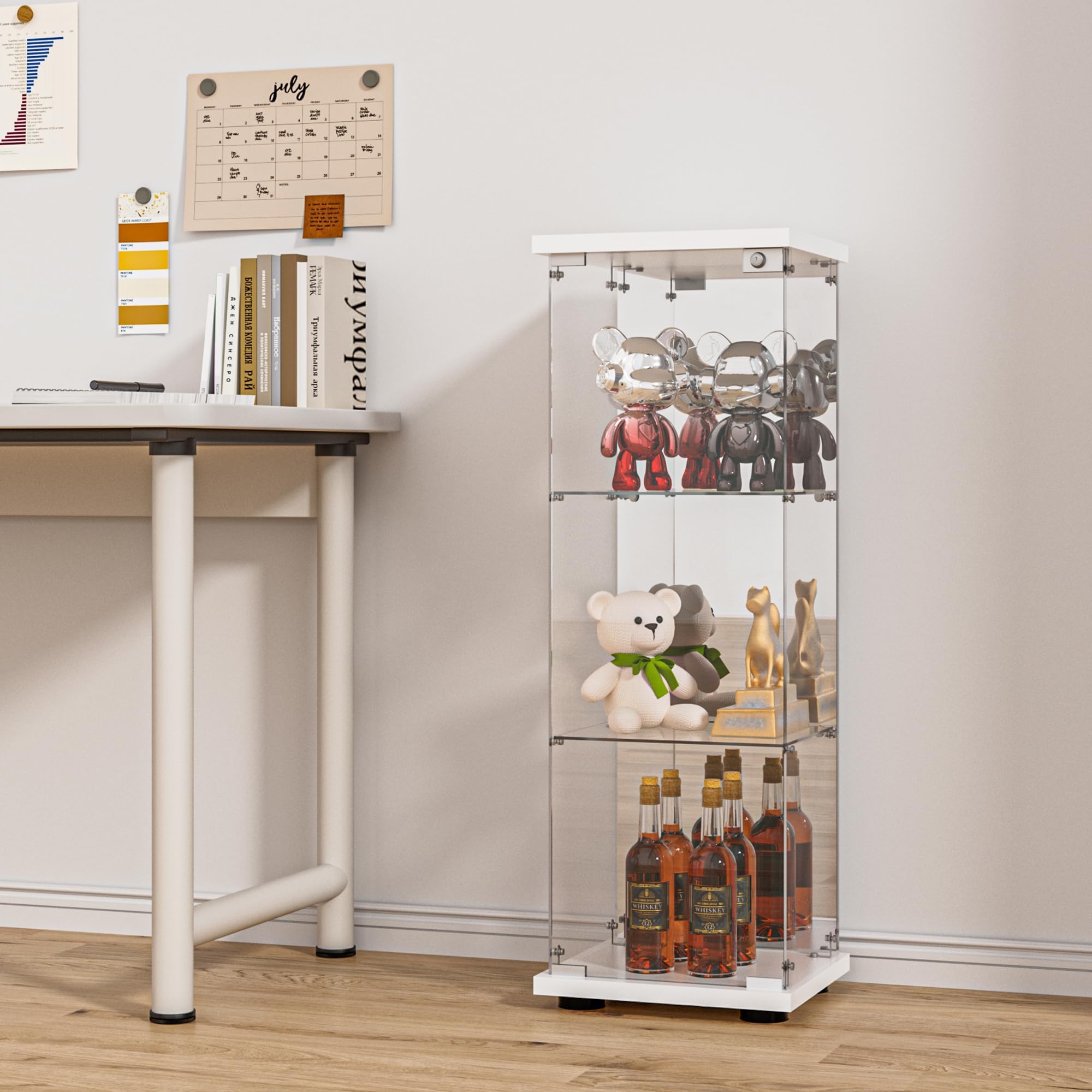 FANYUSHOW 3-Shelf Glass Display Cabinet with Mirrored Back, Upgraded Quick-Install Style Curio Cabinets 5mm Tempered Glass Bookshelf for Bedroom, Living Room 49.1”x 16.7”x 14.3” White