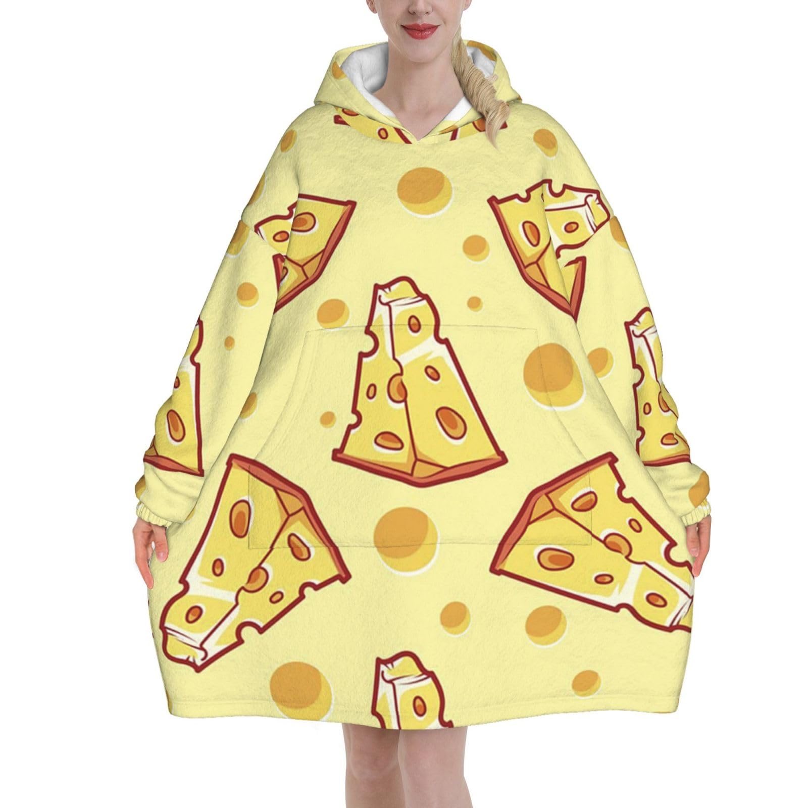 Cheese Food Oversized Women's Wearable Blanket Hoodie, Flannel Pullover Blanket, Blanket Sweatshirt