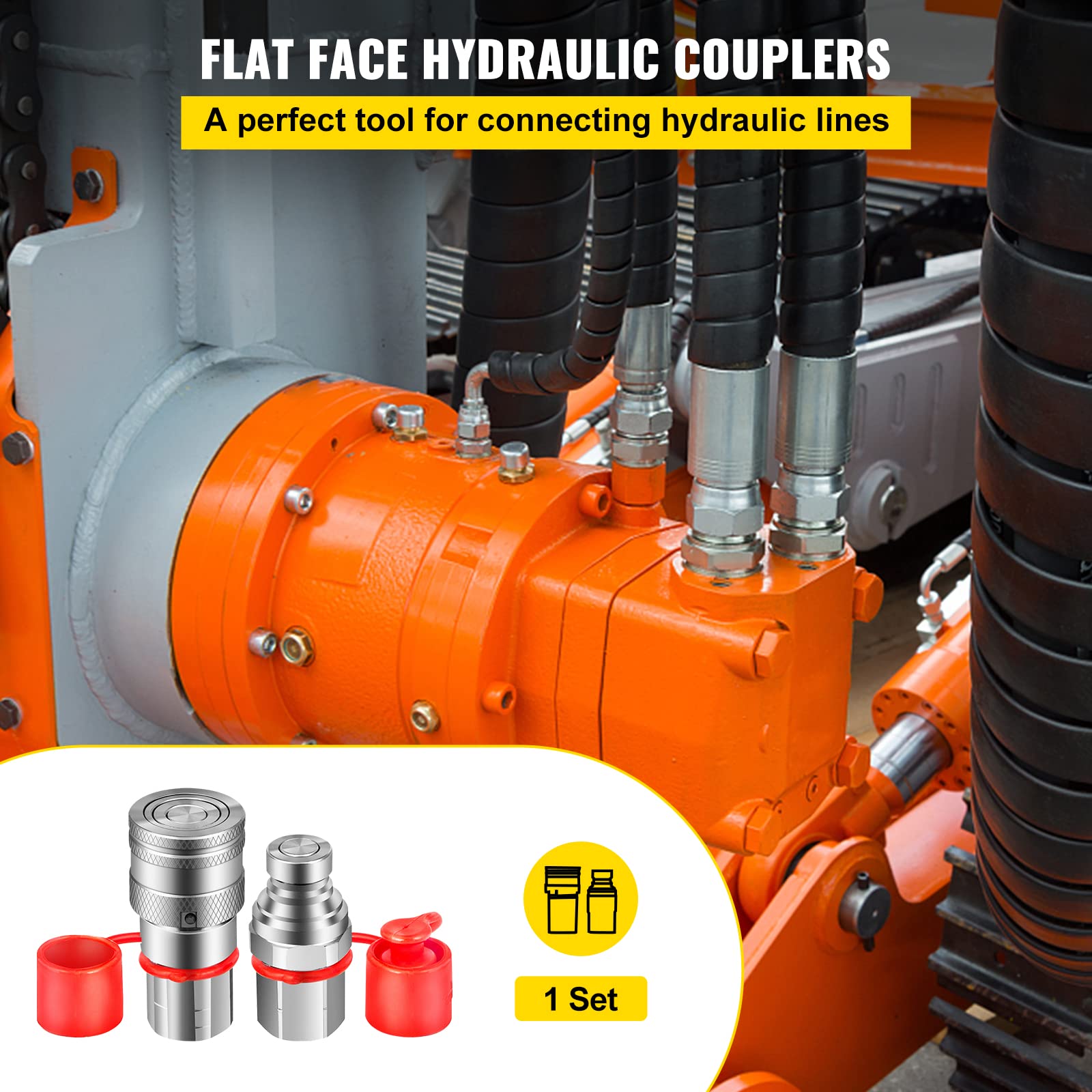 Accoppiatore Idraulico a Faccia Piana Maschio e Femmina, 1/2" Corpo 1/2" NPT, Set Adattatore per ISO16028, Connessione Attacco Rapido, Materiale Acciaio e PVC, con Cappucci a Prova di Polvere