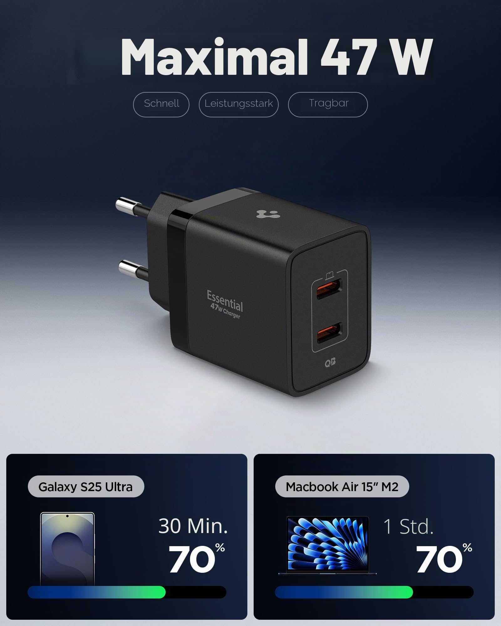 Spigen Qi2.2 25W 3-in-1 MagSafe kabellose Ladestation [inkl. 2 m USB-C Kabel] Bundle + 47W GaN 2-Port Ladegerät – Schnelles Laden für iPhone, AirPods, Apple Watch