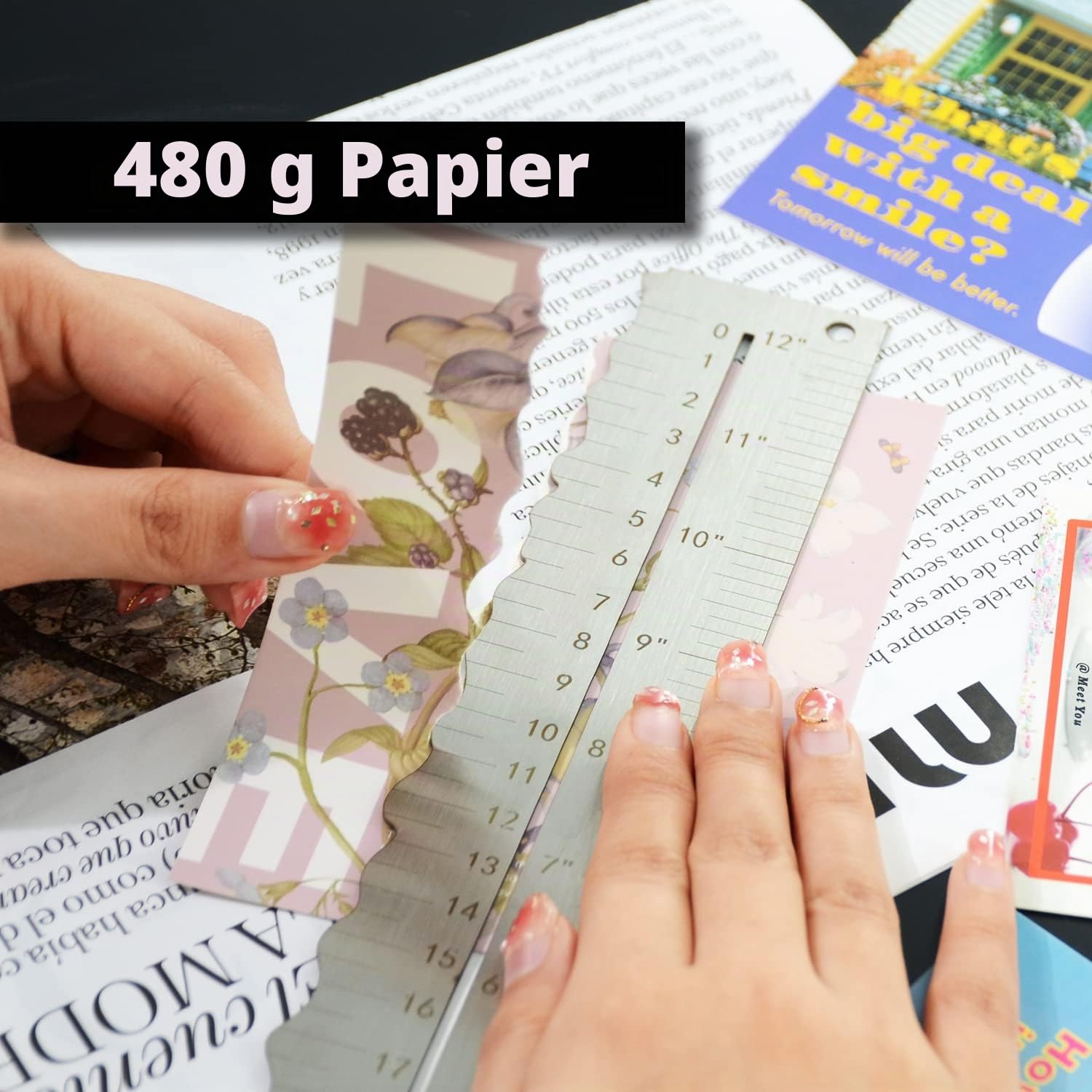 Edelstahl-Metall-Papier-Reißlineal zum Schneiden von Papier bis gewellten Linien, gezackte und unregelmäßige Kanten, 30.5 cm, Messwerkzeug für Ingenieur, Schule, Architekten und Zeichnen, H