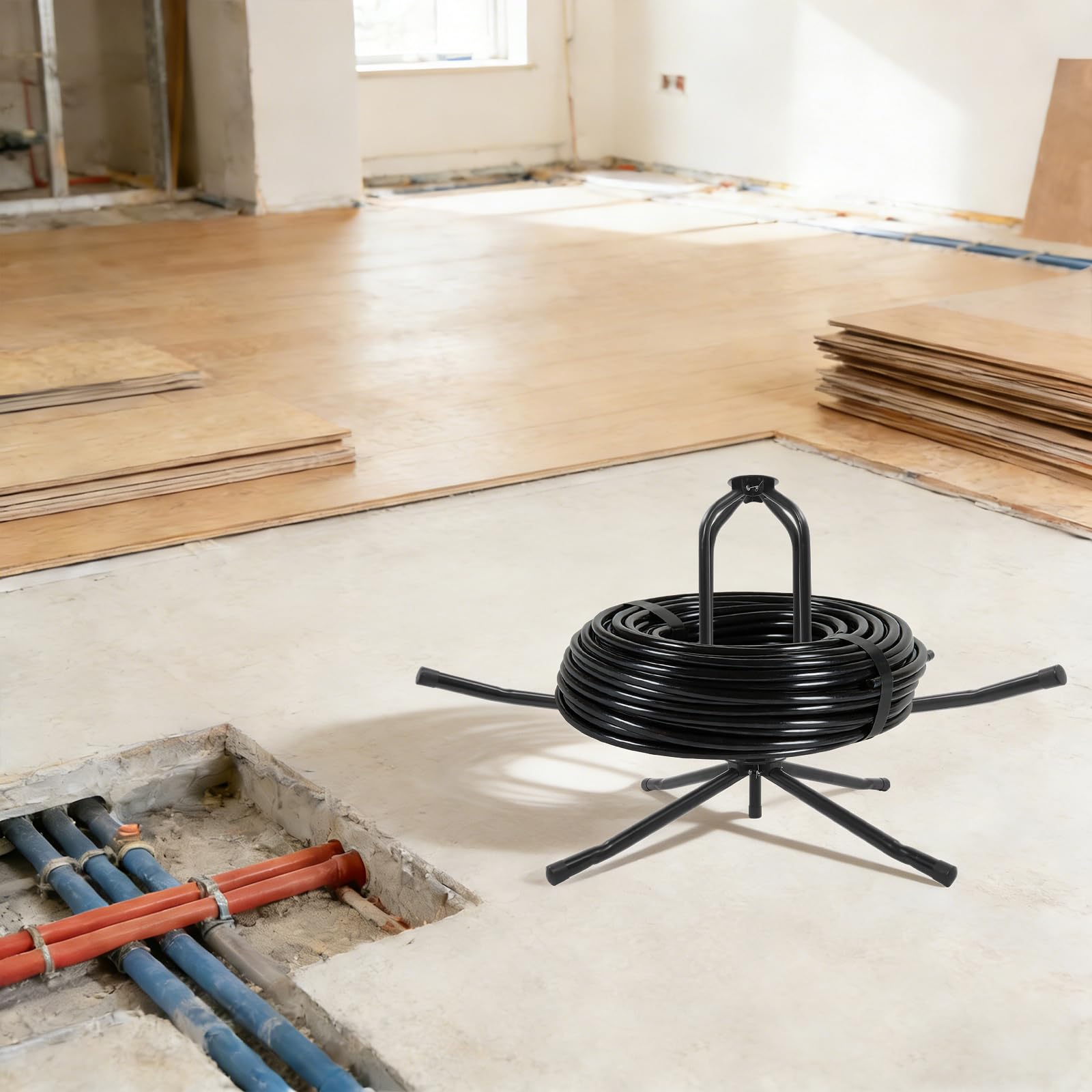 Rebobinador de calefacción por suelo radiante ajustable para tubo con bolsa | Capacidad de carga de 200 kg, dispensador de bobinas para PEX, PERT, tubos de calefacción y tuberías de agua
