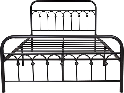 Miniatura 8 de TUSEER Marco de cama de metal tamaño completo con cabecera vintage y base de plataforma con estribo de hierro forjado (negro) Negro,Marrón
