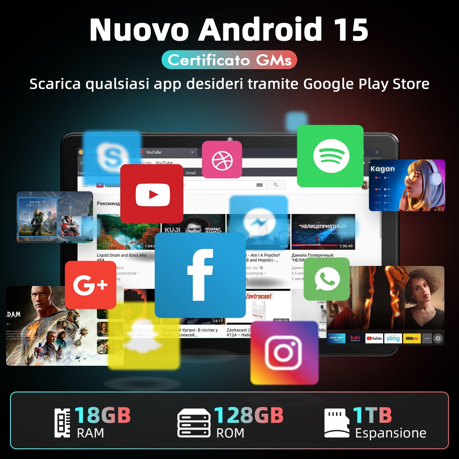 Rebecco Tablet 10 Pollici, Tablet Android 15 Gemini AI, 18GB RAM + 128GB ROM + 1TB TF, Octa-Core, Schermo Touch IPS HD 1280x800, Batteria 6000mAh, Widevine L1, WiFi 5G & BT 5.0, Doppia Fotocamera Z70