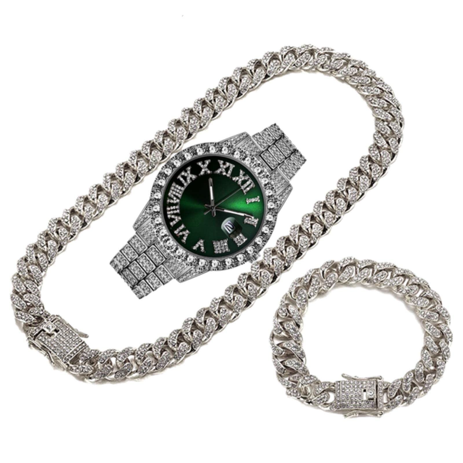 Zxcs Green Necklace Bracelet Set Jewelry Hip Hop-Sliver