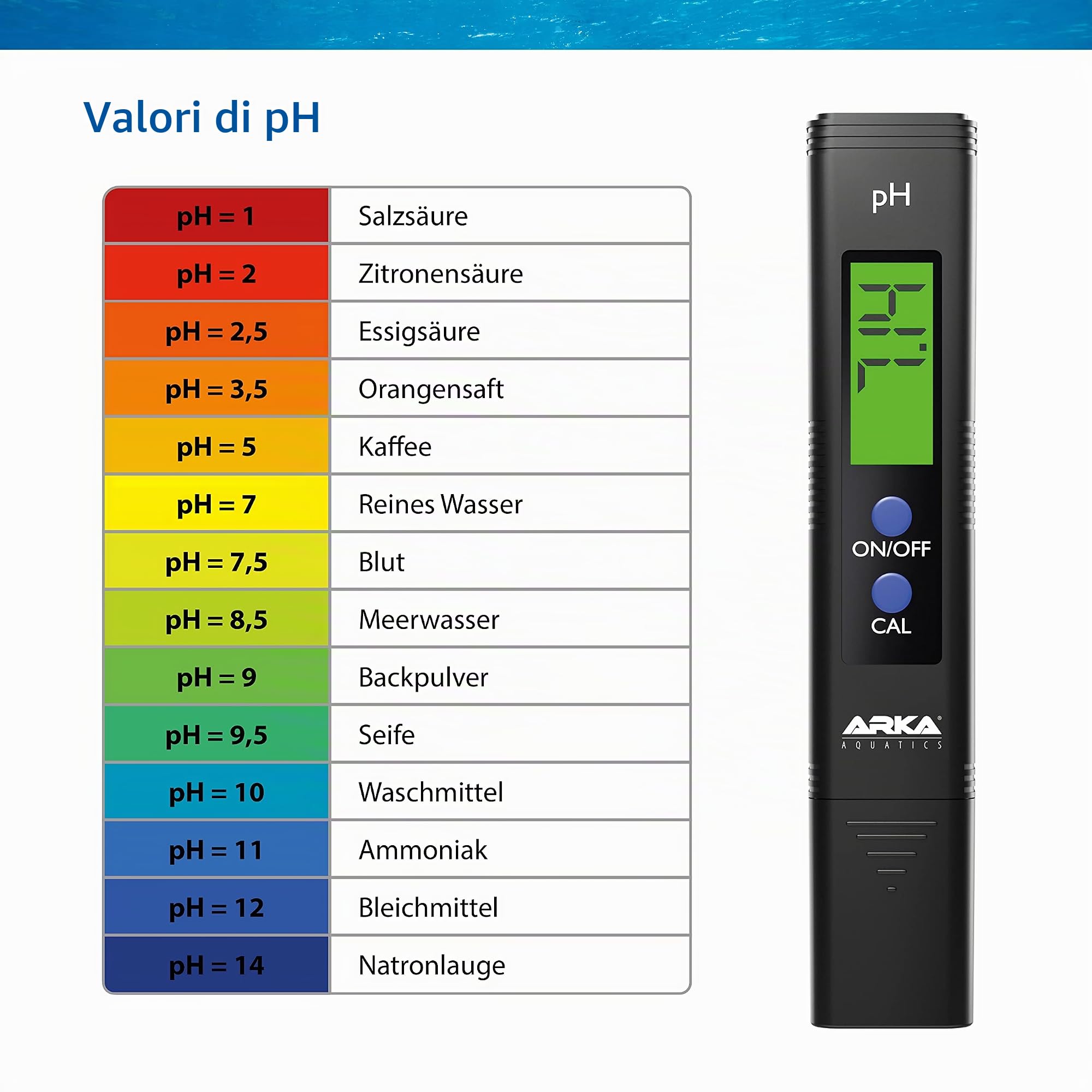 ARKA myAQUA® PH/TDS/EC - Misuratore | Misura PH, TDS, EC e Temperatura dell'Acqua | con Soluzione di calibrazione e Polvere di calibrazione | Ideale per Acquario, Piscina, laghetto e Acqua Potabile
