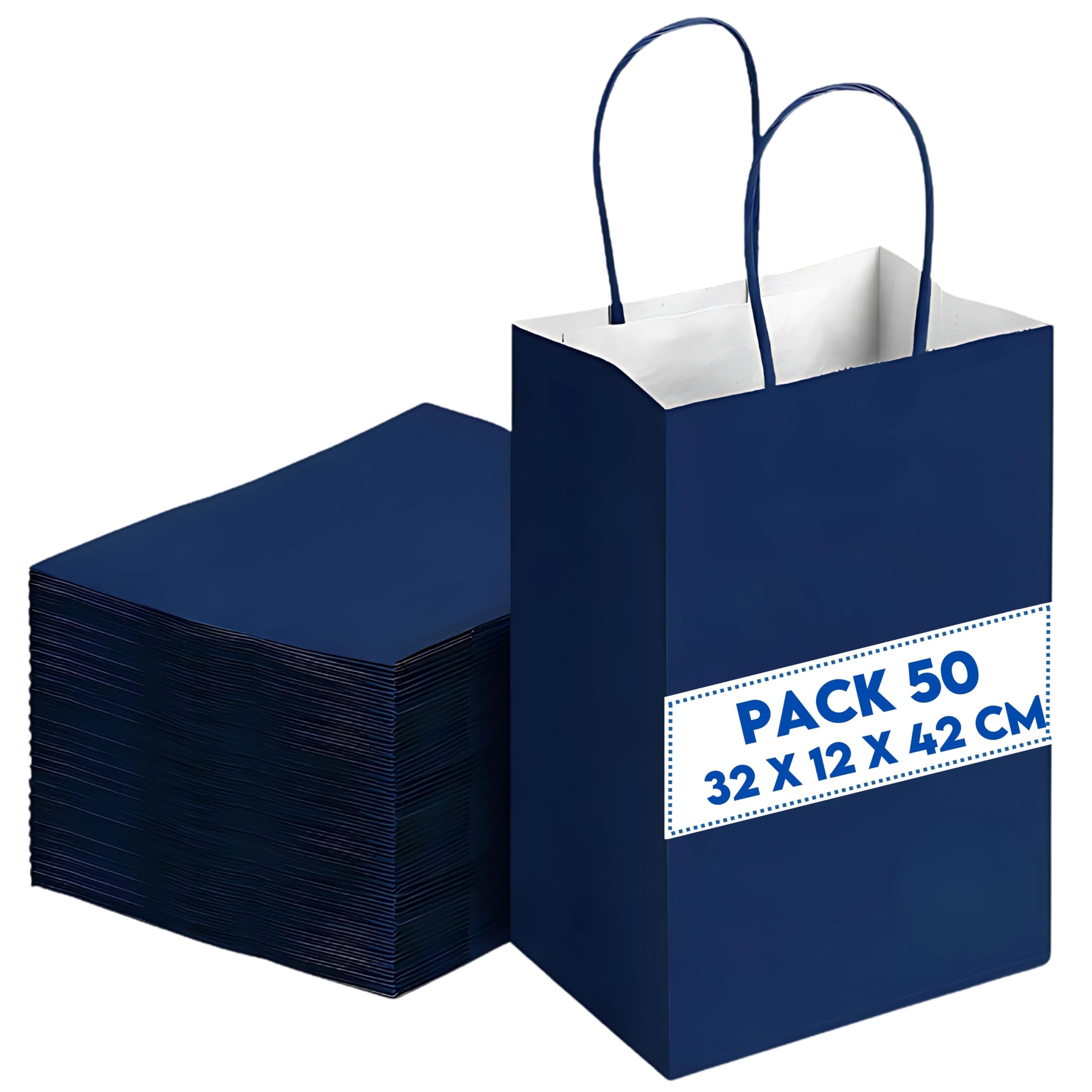 50 bolsas de regalo de papel kraft azul oscuro 32 x 12 x 42 cm – bolsa de regalo con asas retorcidas, ideal para envolver regalos, celebraciones, Navidad, boda, fiesta