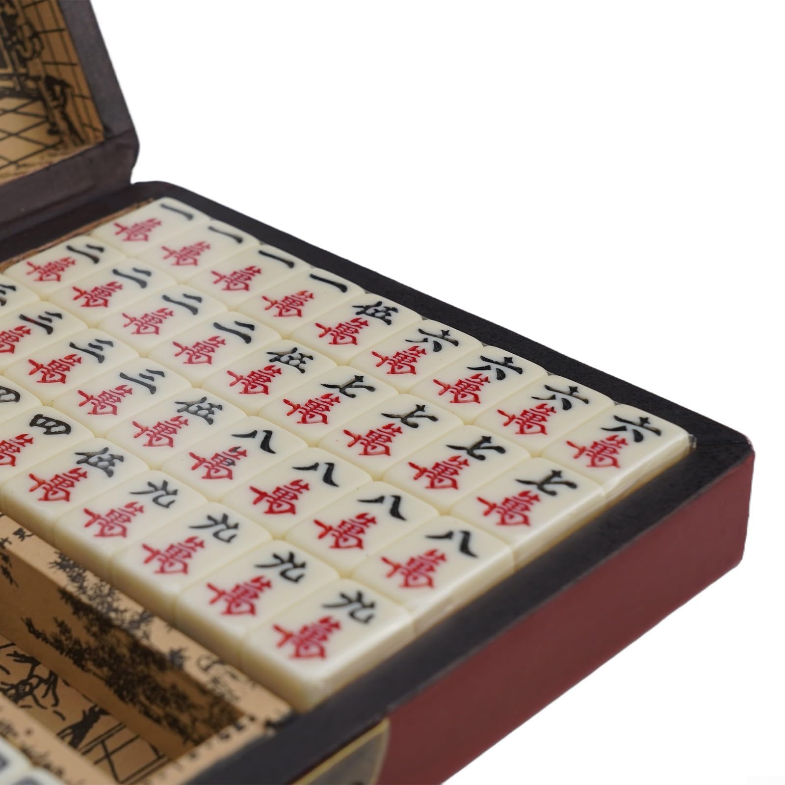 Ensemble de mahjong compact dans un bel étui en bois avec 2 dés, parfait pour les joueurs en voyage (sans poignée)