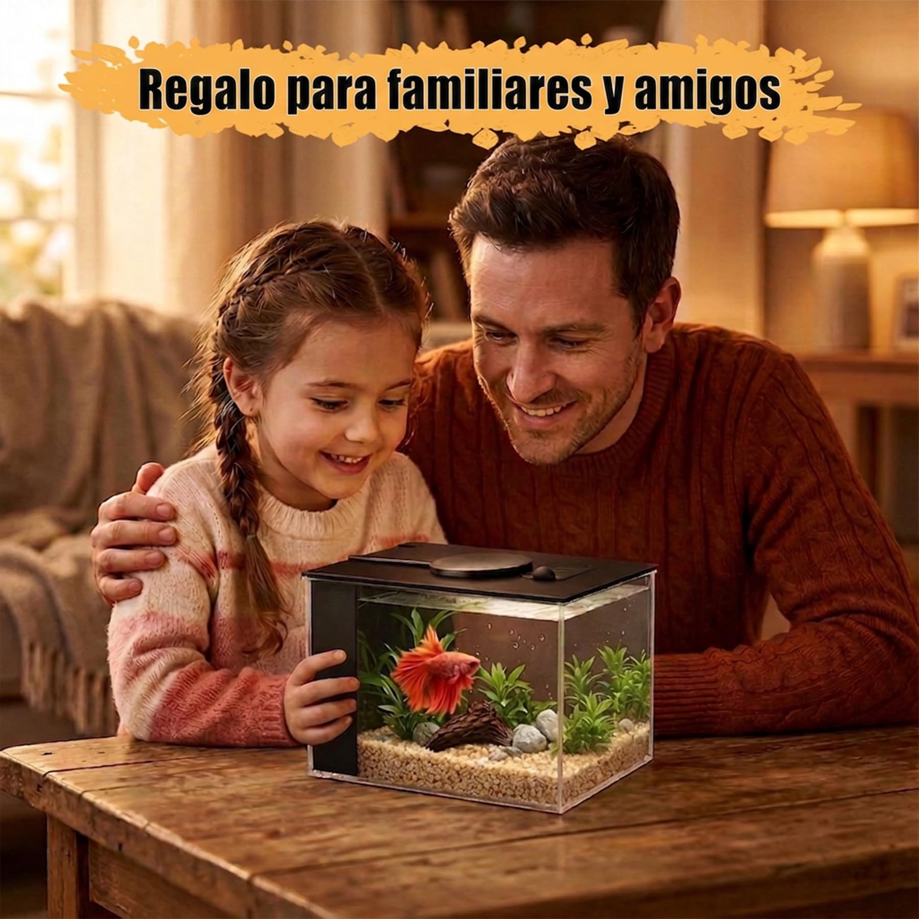 Vehipa 3,7L Acuarios pez Beta Completas, Pequeña Acuario de Acrílico con Bomba de Filtro de Agua y Luz LED, Ideal para Peces Pequeños, Gambas y Plantas (Negro)