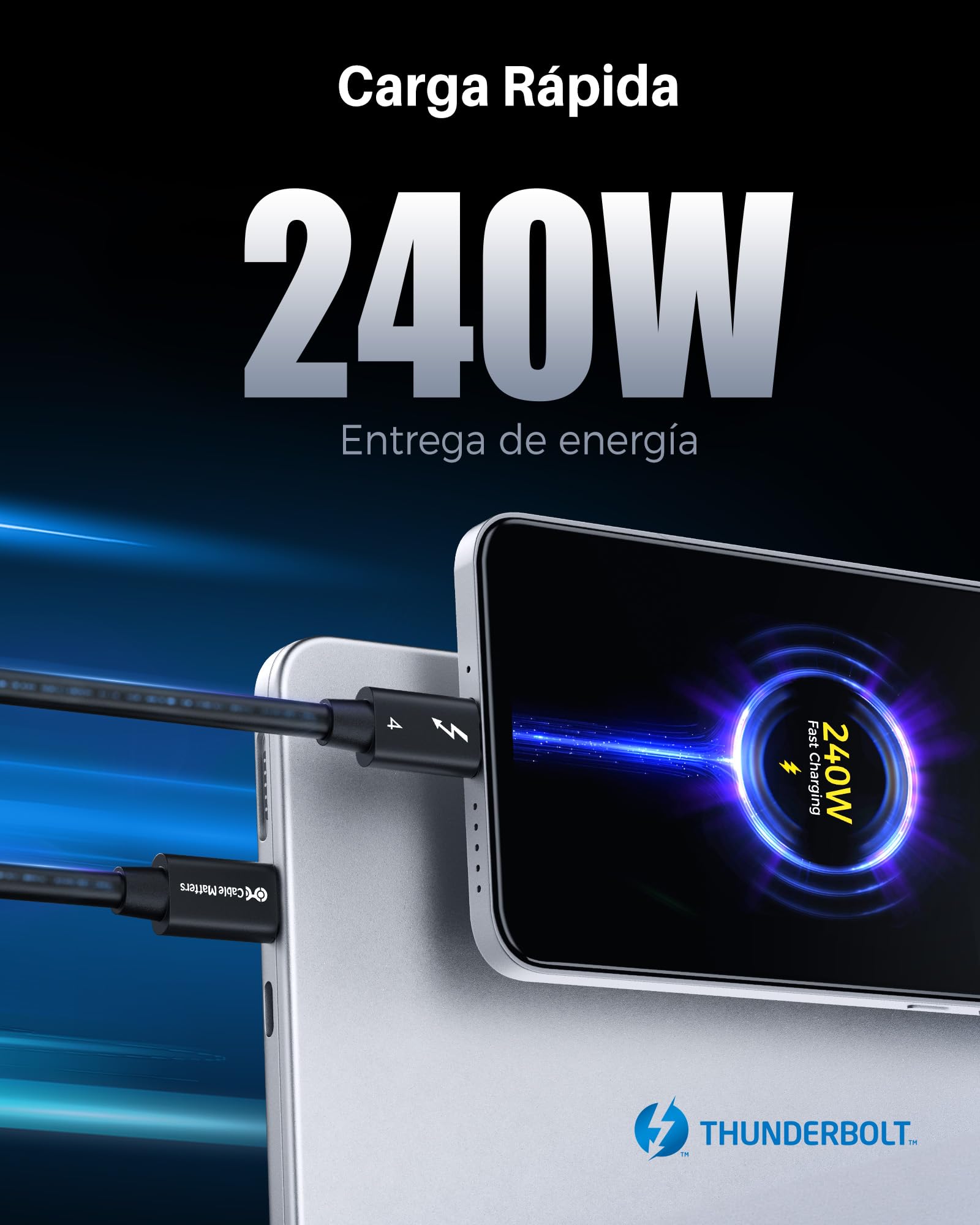 Cable Matters [Intel certificado 0,3 m Cable Thunderbolt 4 de 40 Gbps para vídeo 8K y Carga a 240W - retrocompatible con Thunderbolt 3, USB4, USB C