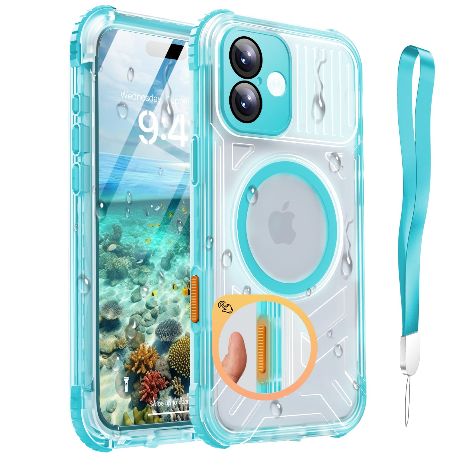 Haireca for iPhone 16 Plus Waterproof Case with Magsafe, Built in Camera Control [Screen Protector] [Lanyard], IP68 Military Full Body Shockproof, for Water Sports Outdoor Work, 6.7" Frosted Teal