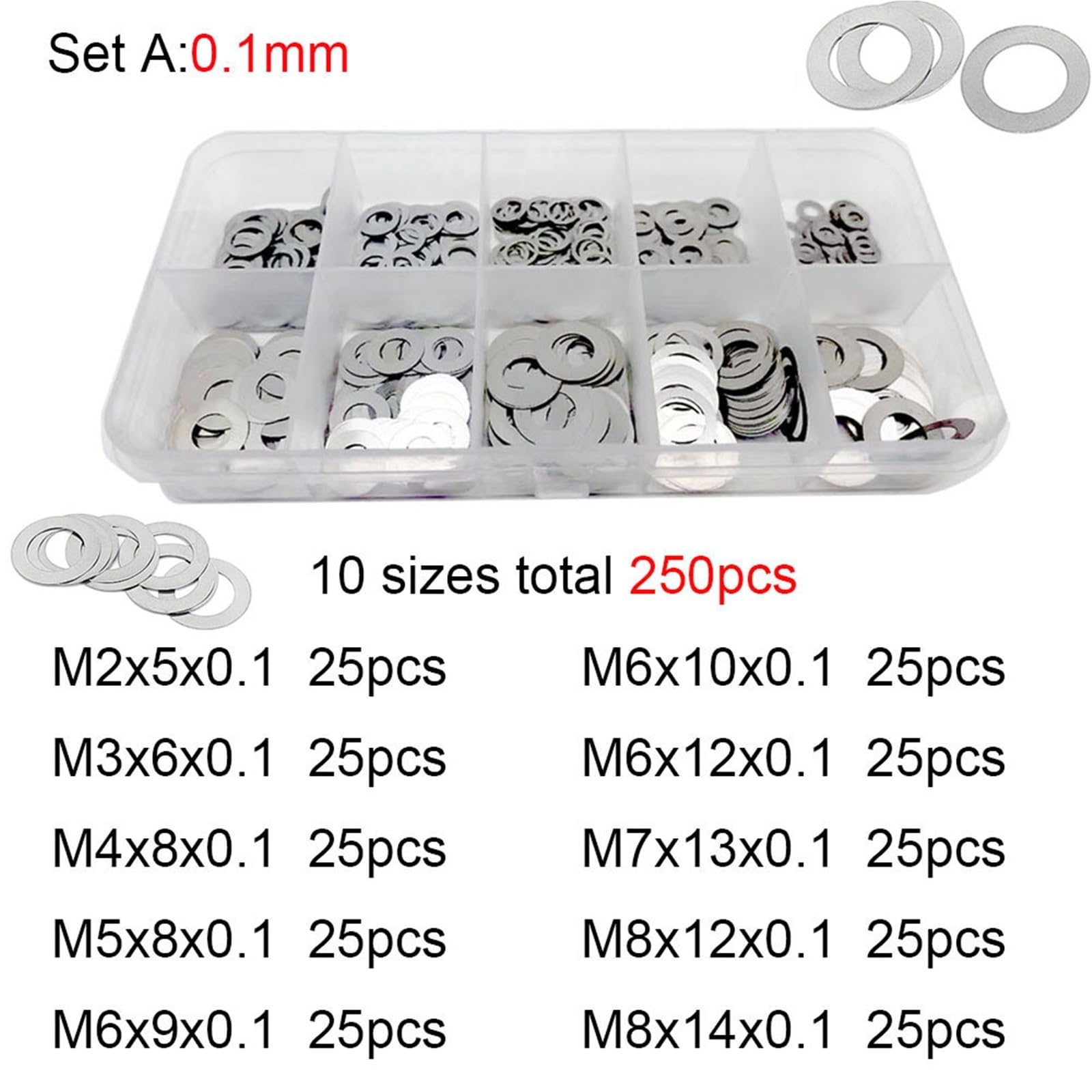 250 Uds 304 arandela plana ultrafina de acero inoxidable cuña ajuste juego surtido juntas planas caja DIN988 Para tornillos, tuercas(Set A 0.1mm)