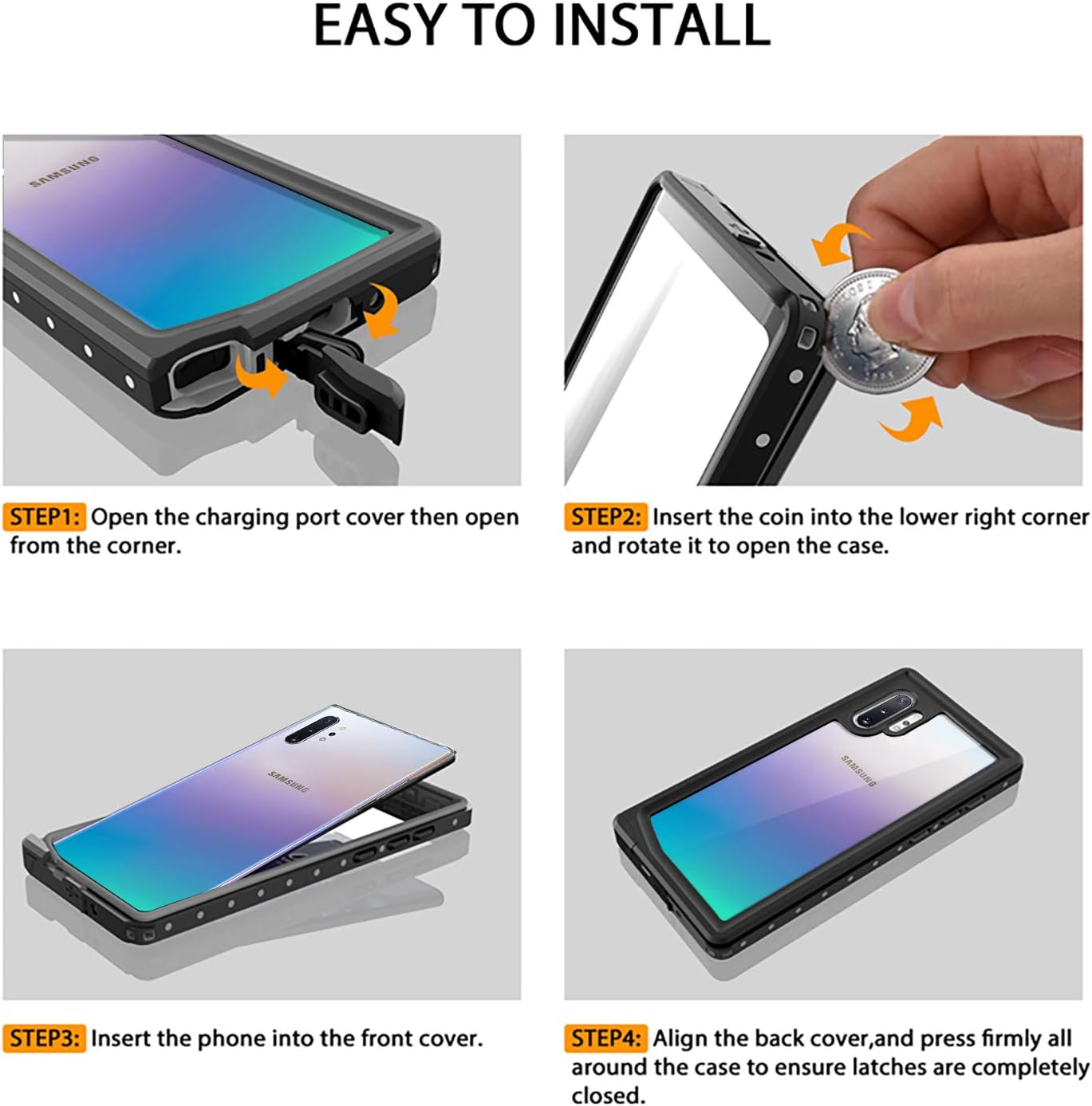 Lamcase for Galaxy Note 10 Plus Waterproof Case Built-in Screen Protector with Fingerprint ID IP68 Sealed Protective Dust/Snow/Shock Proof Cover Case for Samsung Galaxy Note 10 Plus/5G, Black/Clear