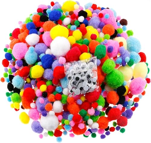 Miniatura 4 de Caydo set de 1400 unidades de pompones multicolores en 5 tamaños y ojos plásticos juguetones movibles en 4 tamaños para realizar manualidades y