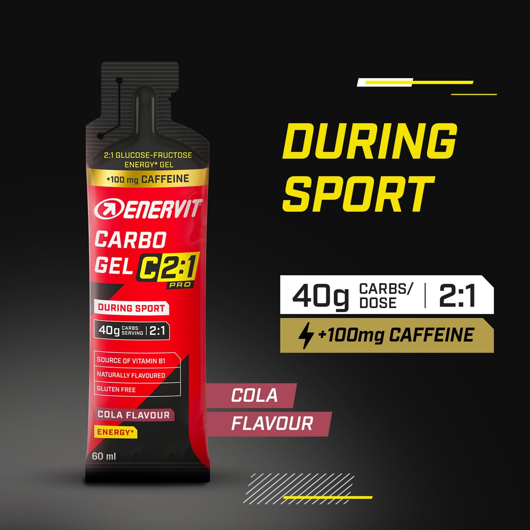 Enervit, Carbo Gel C2:1PRO con Caffeina, Gel Energetico 40g di Carboidrati, Per Attività ad Alta Intensità, +50% di Carboidrati Assorbiti, Gusto Cola, Senza Glutine, Alta Digeribilità, 24 Pack da 60ml