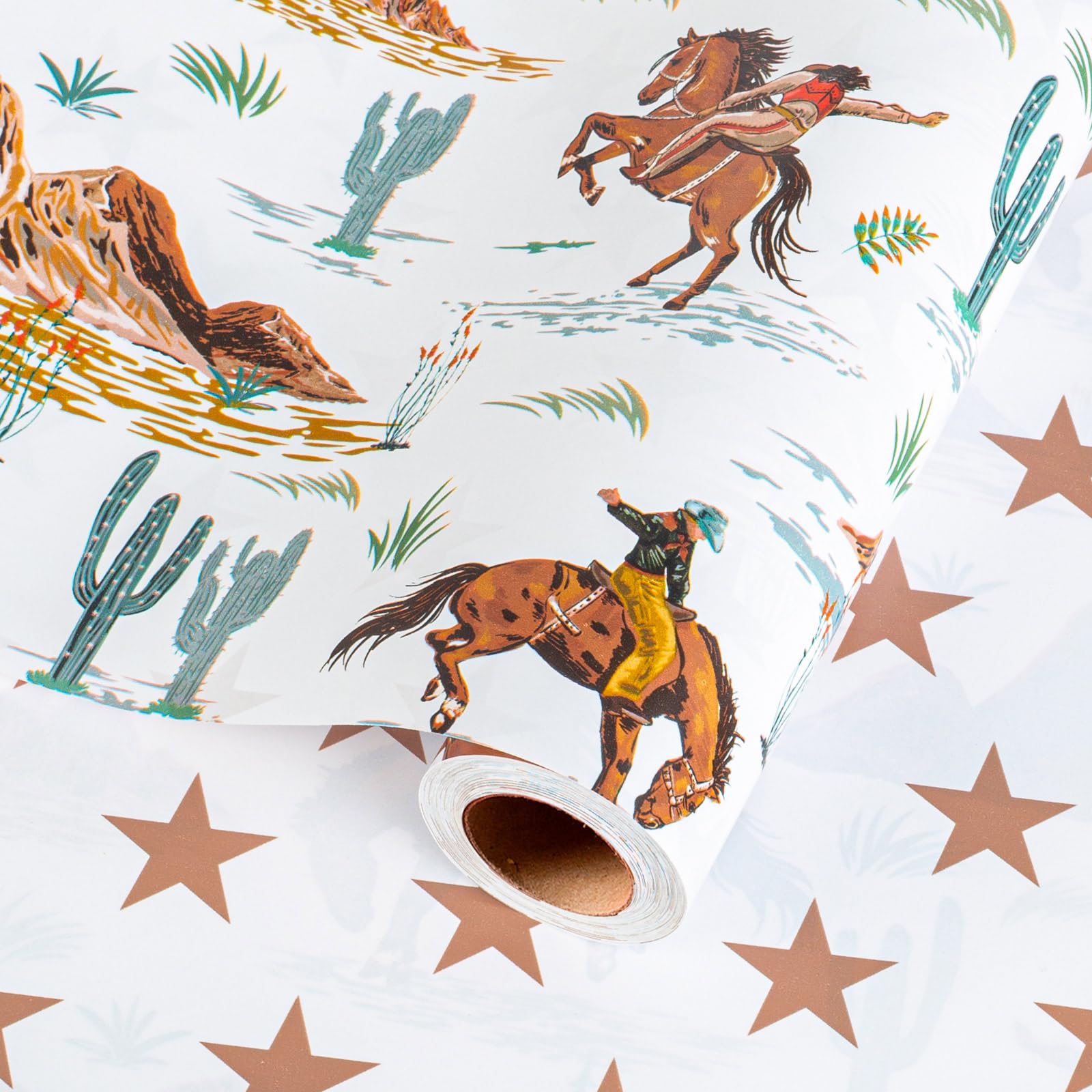 Wikadlik Reversible Cowboy Wrapping Paper - 43cm x 5m Rodeo Horse Star Design Western Gift Wrap Roll for Boys Birthday, Fathers Day, Christmas