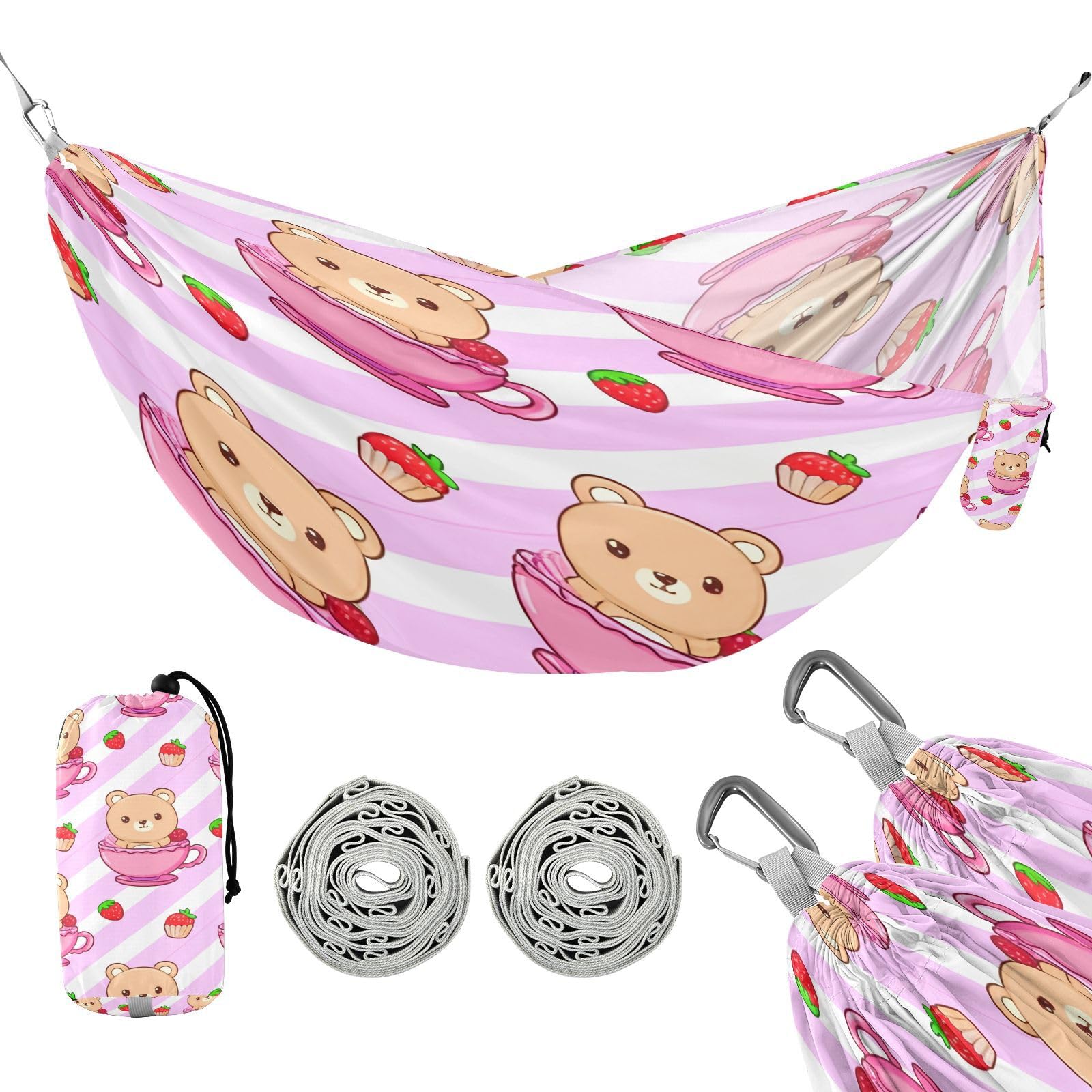 ATTX Cute Kawaii Bears Camping Hammock - Lightweight & Portable Hammocks, Heavy Duty 330lbs Capacity for Indoor, Hiking, Backpacking, Travel, Backyard, Beach#201