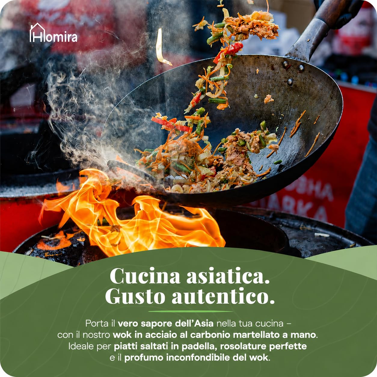 Homira Wok 36 cm in Acciaio al Carbonio, Martellato a Mano, Fondo Piatto e Manico in Legno, Senza PFAS, Padella Wok Cinese per Tutti i Piani Cottura, Induzione, Gas, Barbecue e Outdoor