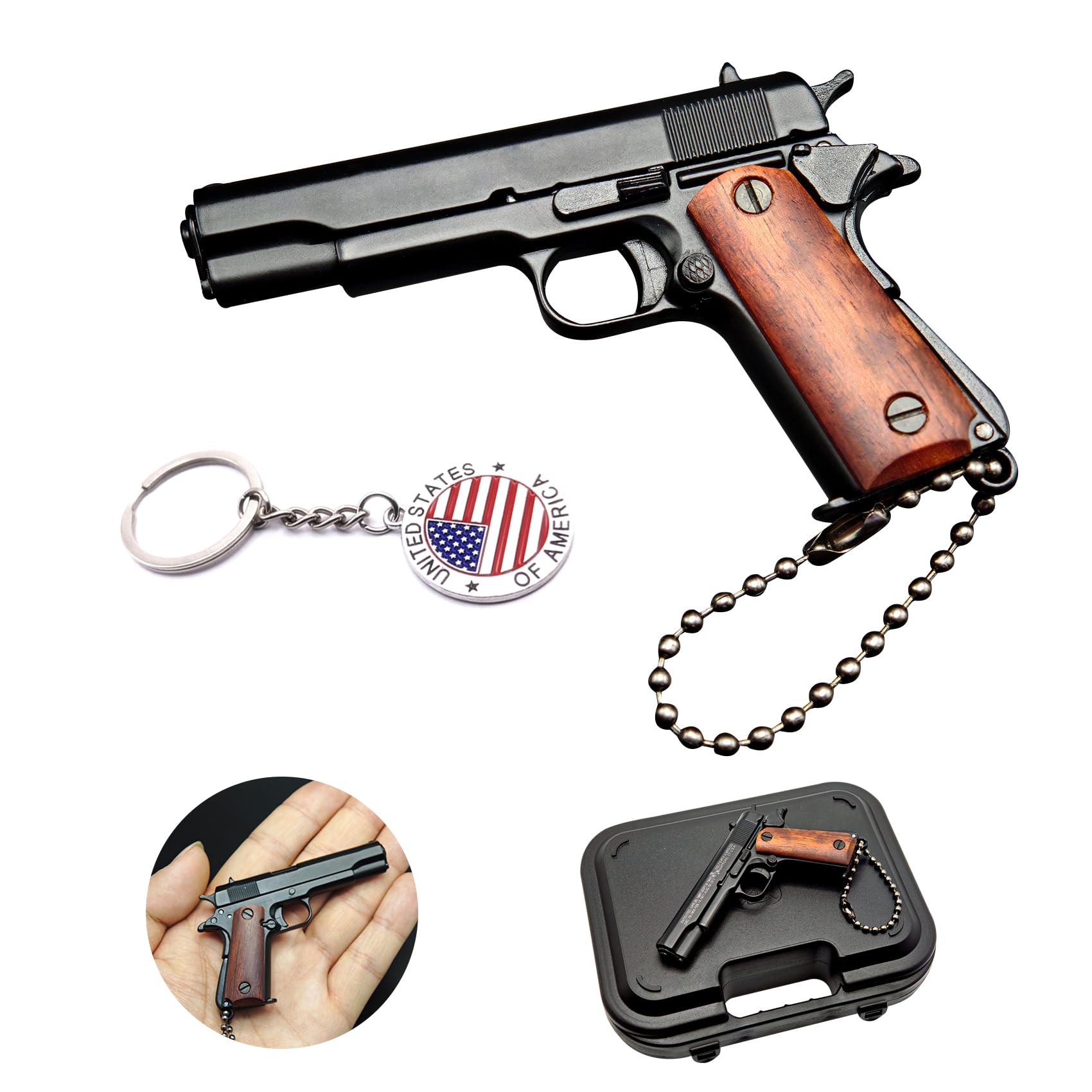 Mini-Schlüsselanhänger mit Pistolenform, kleiner Schlüsselanhänger, Pistolenform, cooler Schlüsselanhänger für Herren, Holzmaserung, schwarz, Einheitsgröße