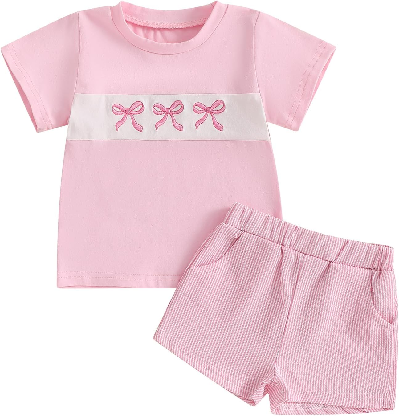 SAYOO Toddler Baby Girl Short Outfit Bow Embroidery Short Sleeve Cotton T-Shirt Gingham Plaid Shorts 2Pcs Summer Clothes