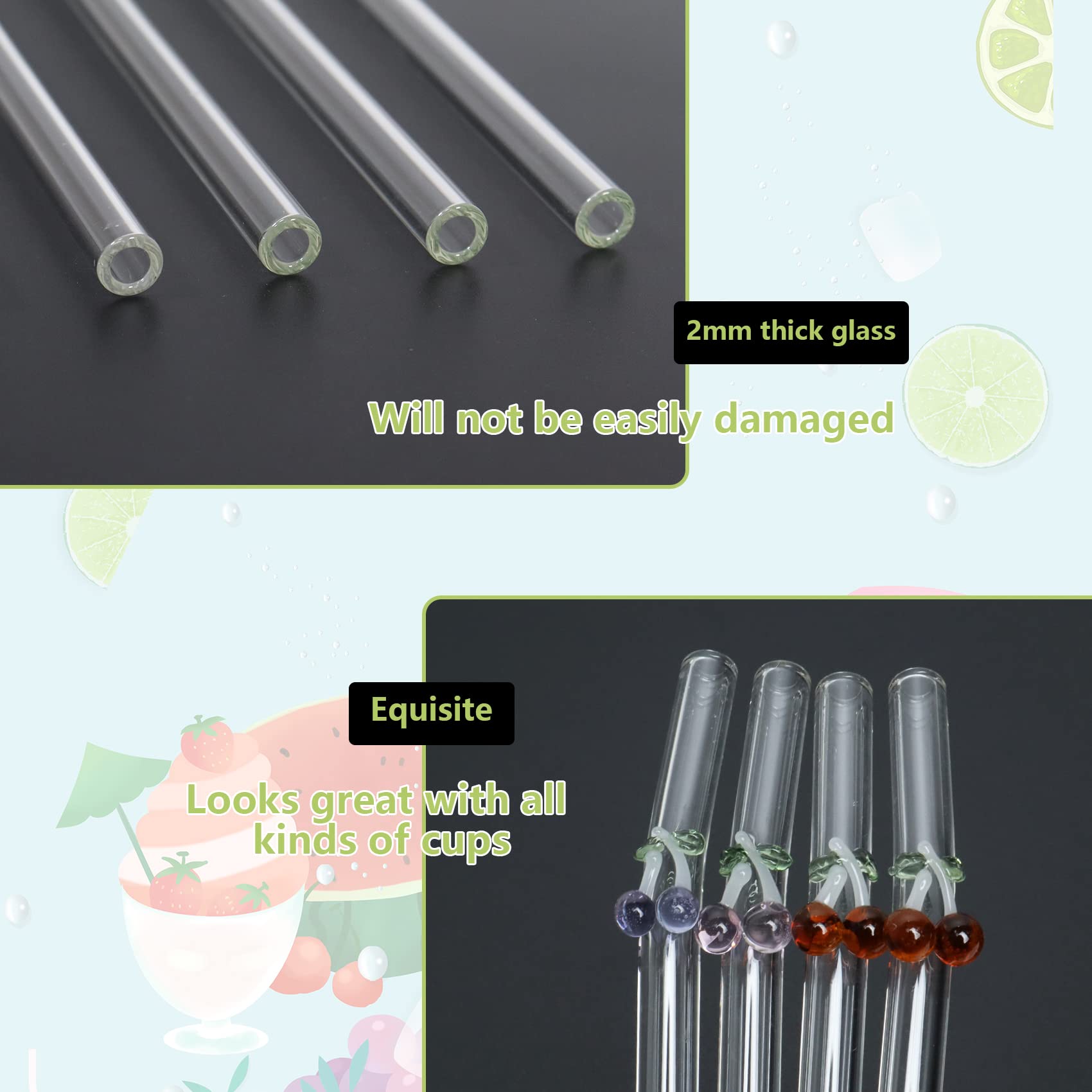 4x Wiederverwendbare Glasstrohhalme Gebogen – Mit Reinigungsbürsten & Staubschutz, Für Cocktails & Smoothies