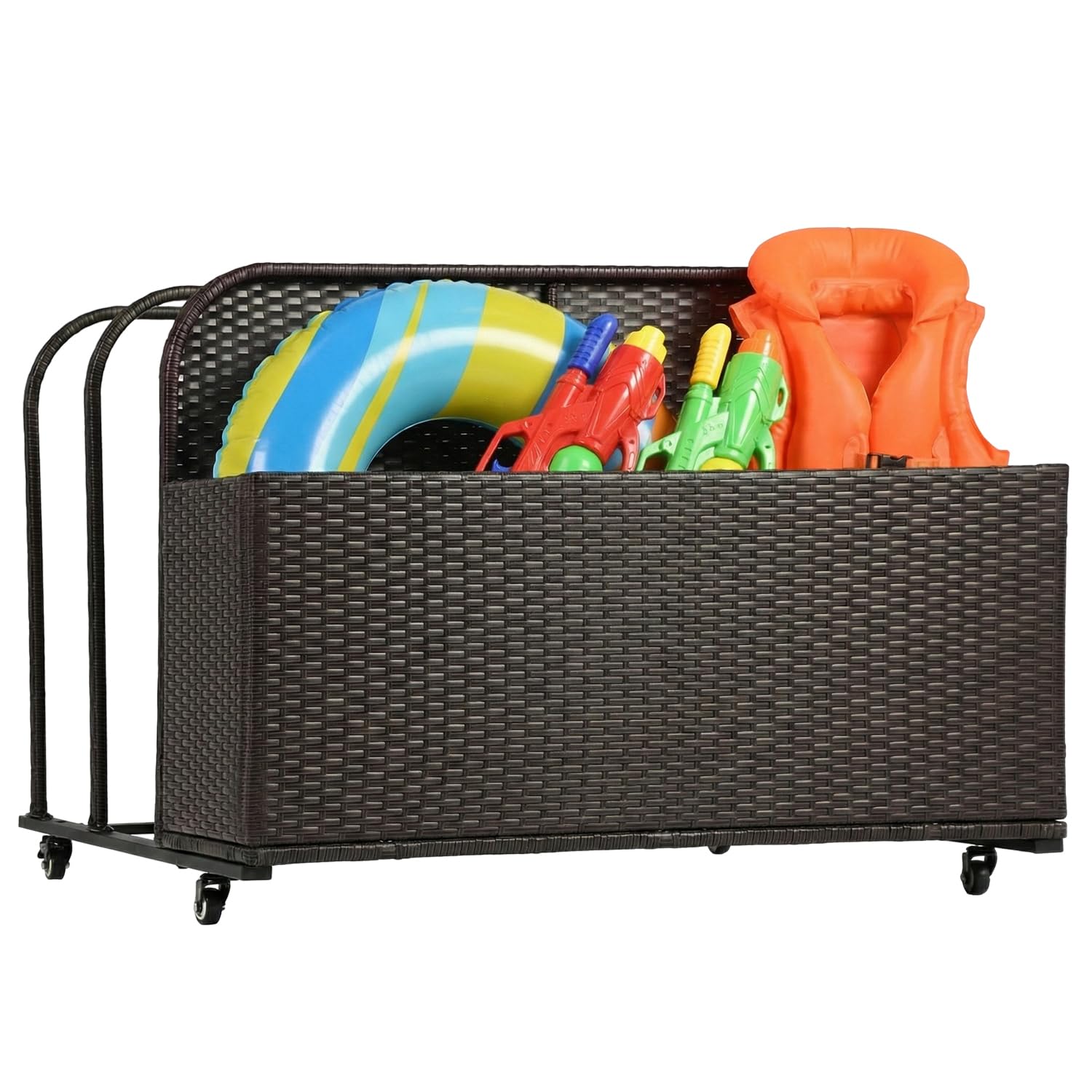 FDW Contenitore per galleggianti da piscina, con ruote, cestino in rattan sintetico, scomparti aperti per galleggianti, noodles, giubbotti di salvataggio, palline da spiaggia, attrezzature cuscini