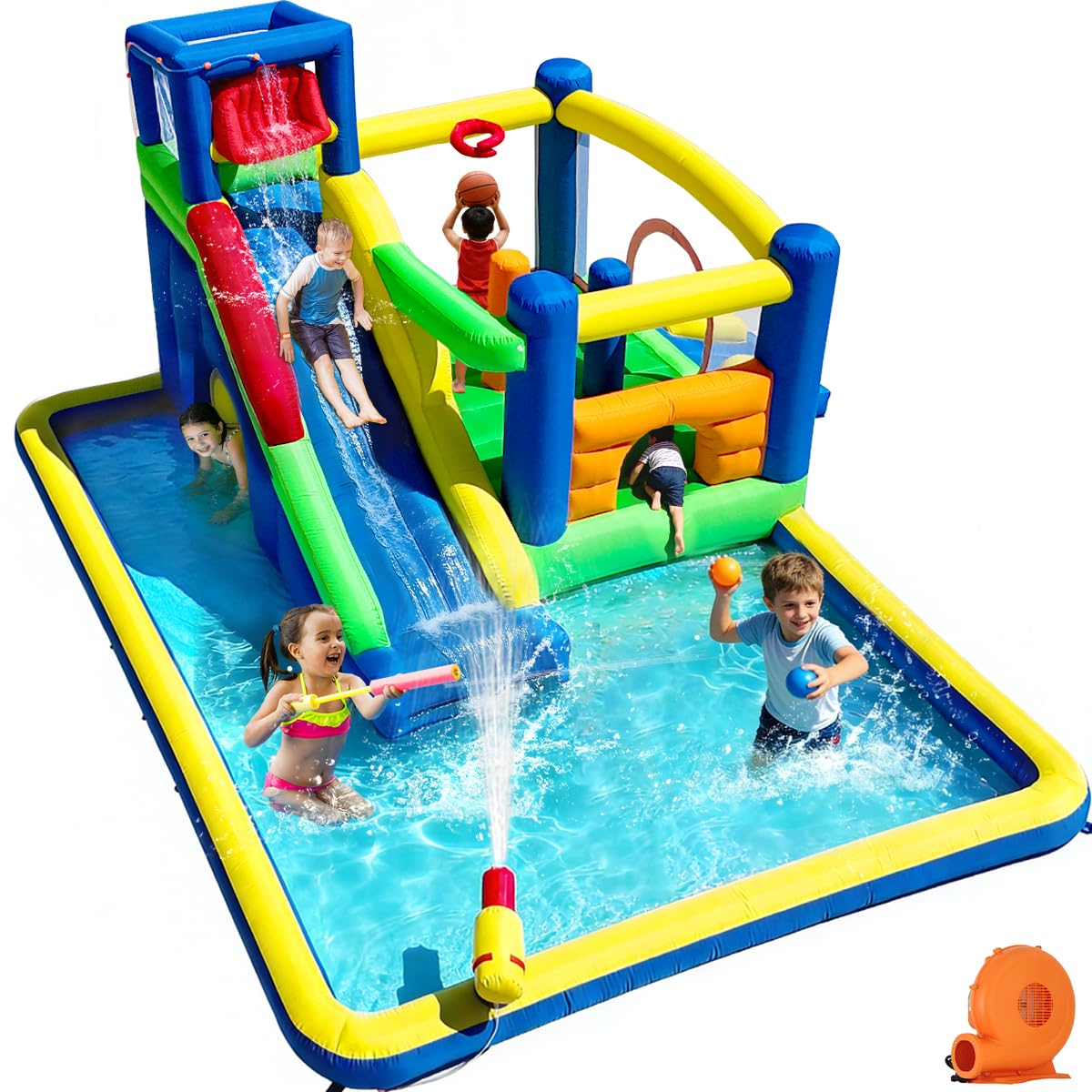 Baralir Upgrade 14.3x13.5FT Inflatable Water Park &amp; Bounce House with Large Splash Pool, Long Slide, Climbing Wall, Basketball Hoop, Craw-Through Hole and Tunnel for Endless Summer Fun