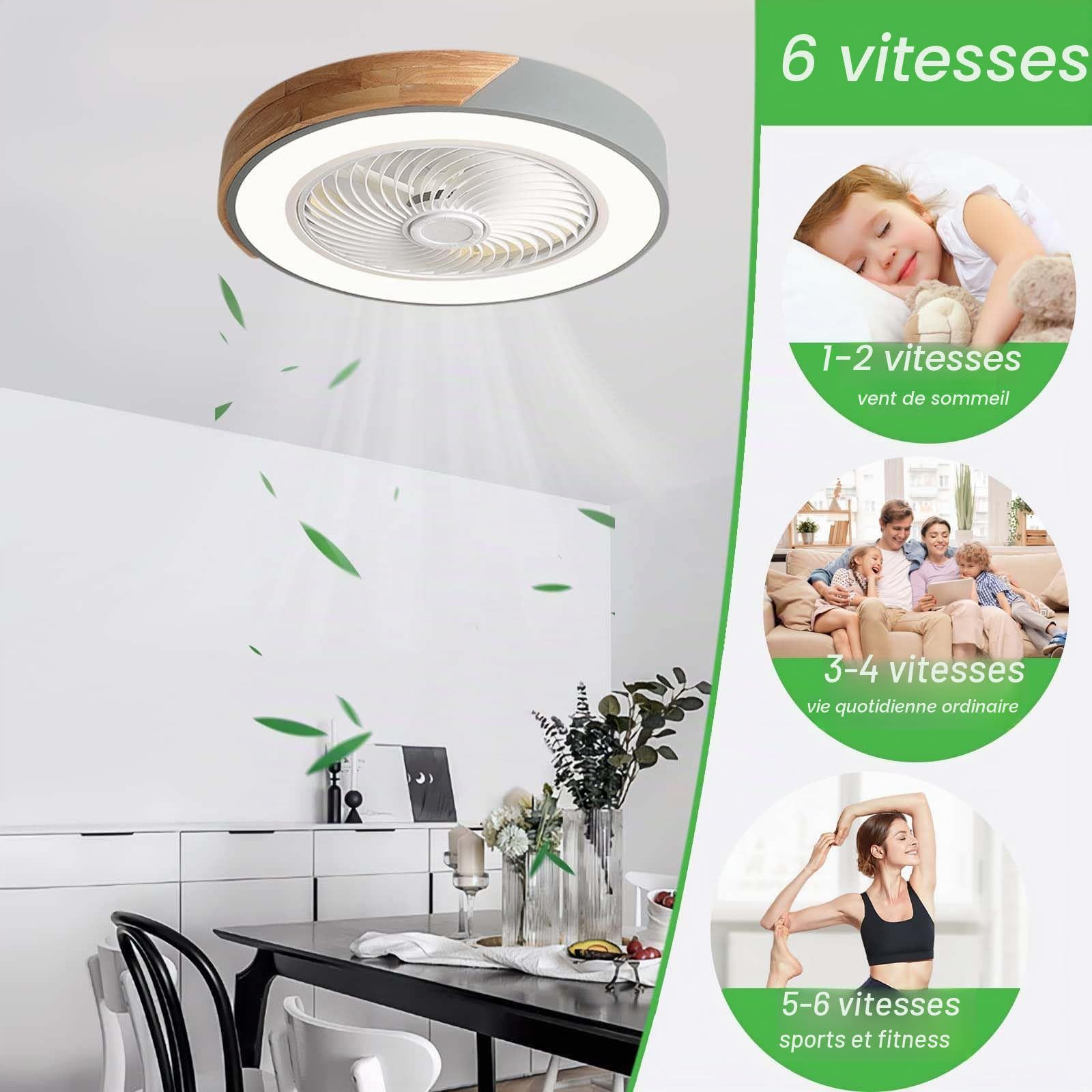 Ventilateur De Plafond Avec Lumiere Et Telecommande,Luminaire Ventilateur Plafonnier Silencieux 52cm Timer 2h 6 Speed Lampe Ventilateur Night Light Mode Ventilo Plafond Avec Lumière-D