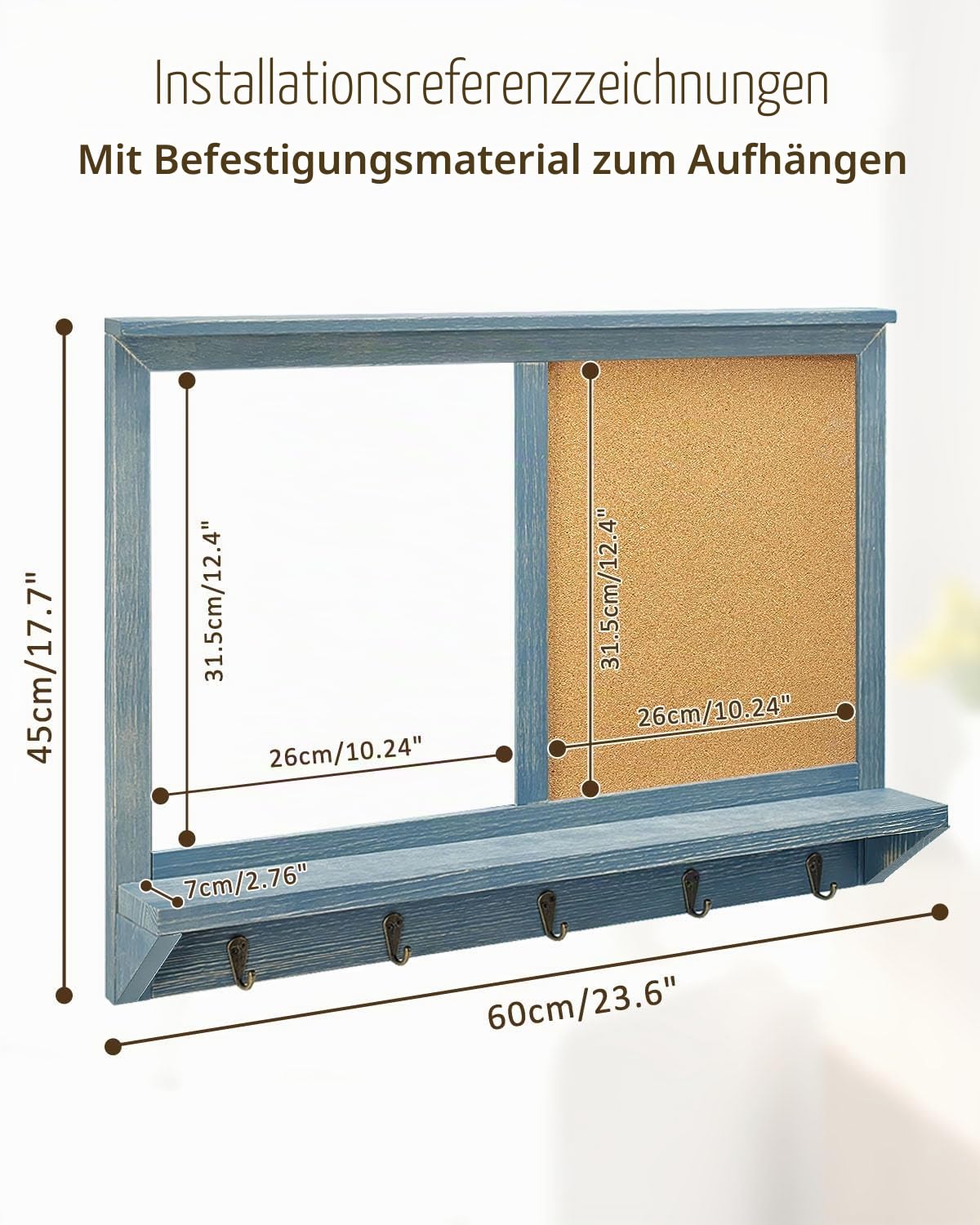Wandmontiertes Whiteboard und Korktafel mit Haken, Whiteboard und Pinnwand-Kombination, massives Kiefernholz, Vintage-Rahmen, 45 x 60 cm (ZSB-4560GY)