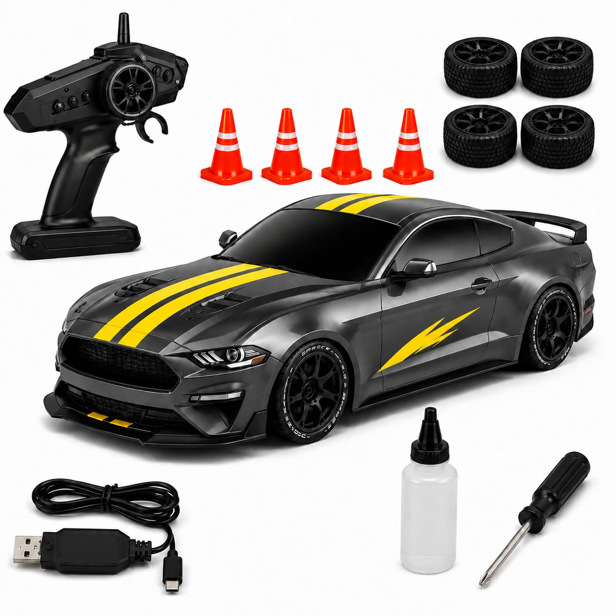 RC Drift Car 1:16 Scale Mustang | 25KM/H High-Speed, 2.4GHz Remote Control, LED Lights, Rechargeable Battery, Replaceable Drift Tyres with Spare Wheels & Cones-image-47