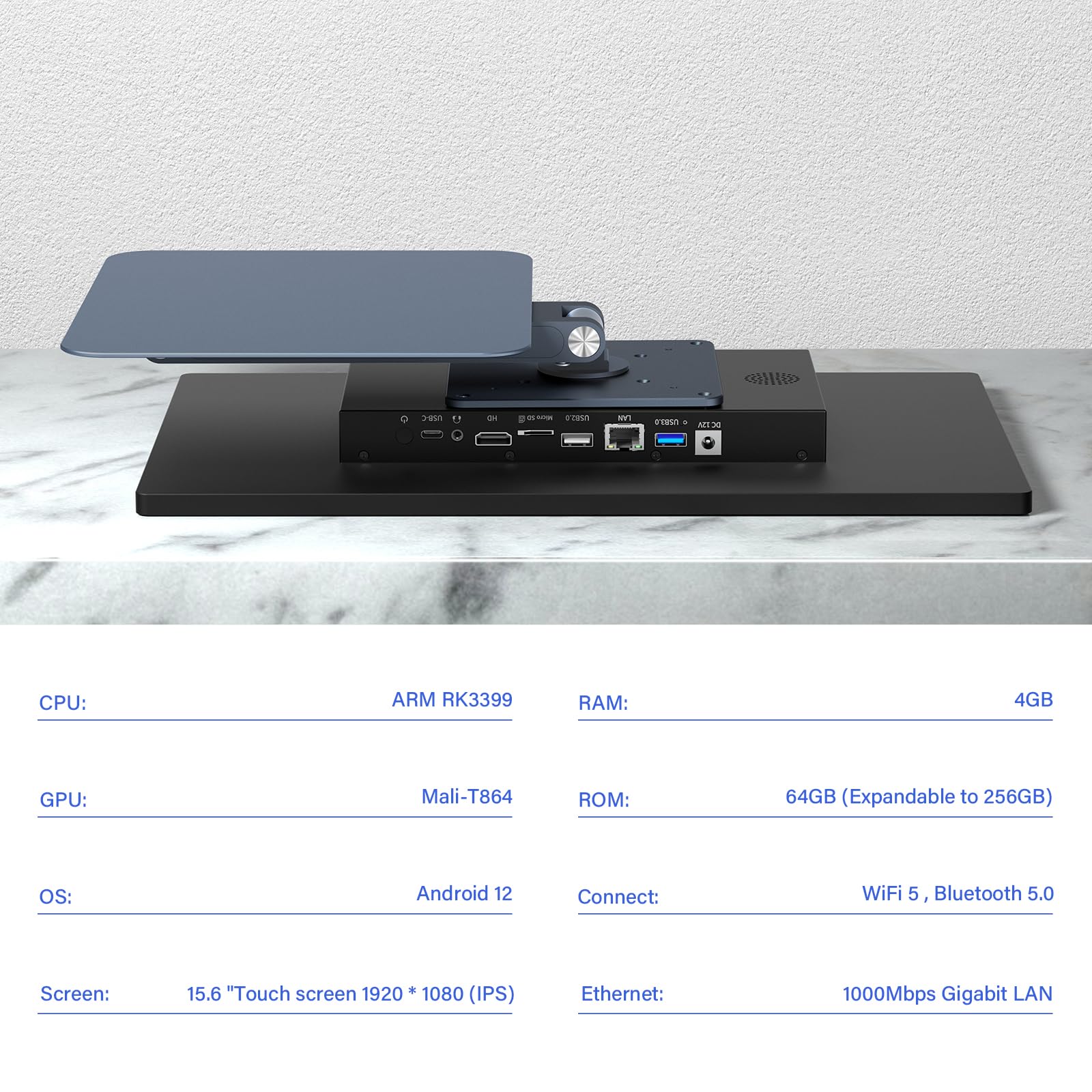 15.6" All-in-One Desktop Computers, FHD 180°Adjustable Touchscreen Android 12 Industrial Computer RK3399 4GB RAM/64GB ROM, HDMI 2.0 WiFi Bluetooth 4.2 for Office/Automation/Kiosk/Bar/Warehouse