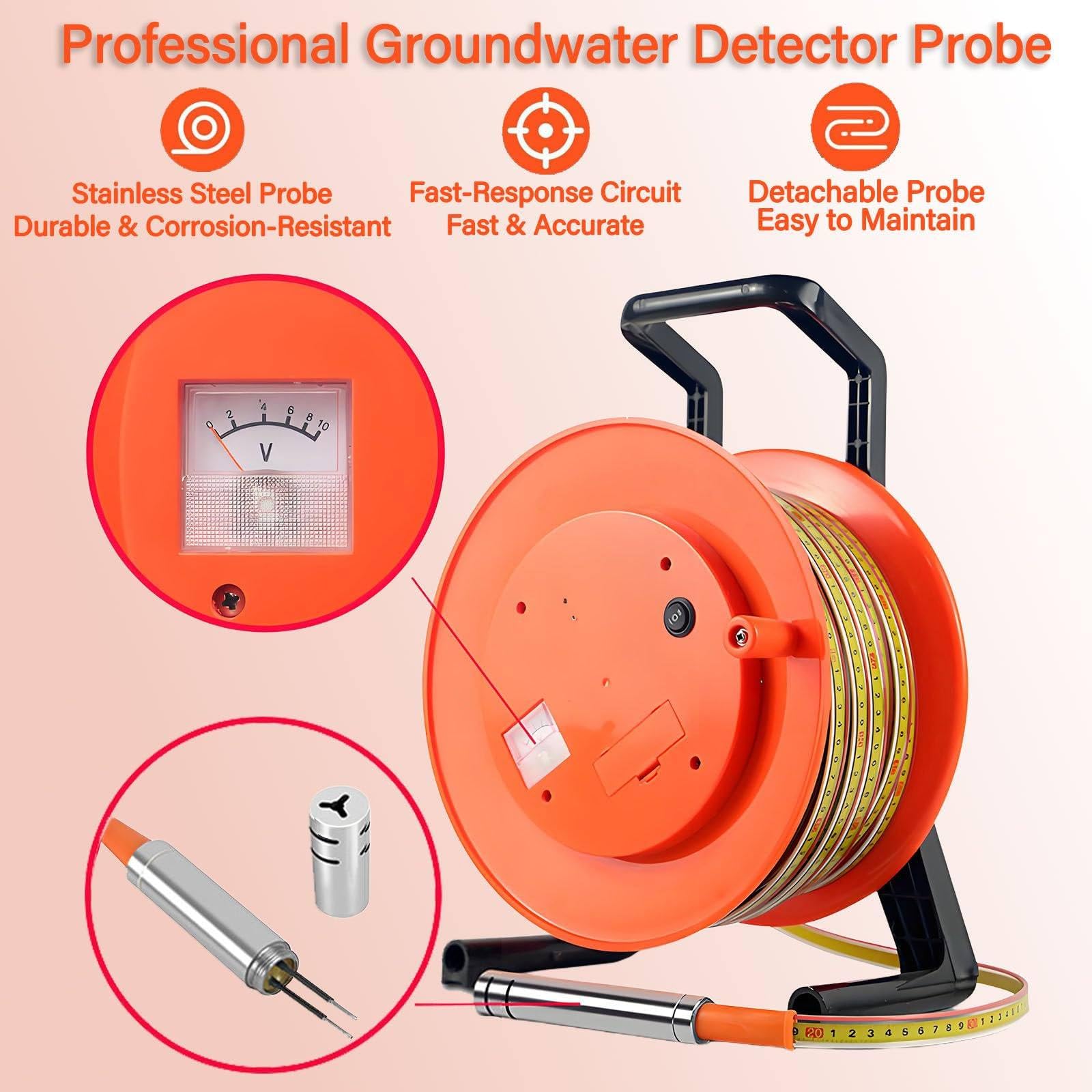 Medidor de nivel de agua de pozo: medidor de profundidad de alta precisión de 20-300 m con sonda de acero inoxidable (luz + alarma de zumbador) para pozo/tanque/estanque