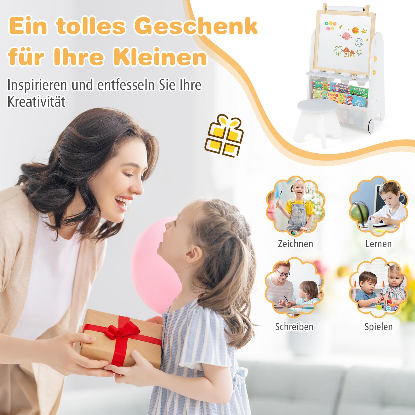 COSTWAY Kinder Staffelei mit Hocker, 4-in-1 Kindertafel mit Magnettafel, Schultafel, Bücherregalen, Standtafel inkl. Papierrolle & Zubehör, Kinderstaffelei für Kinder ab 3 Jahren